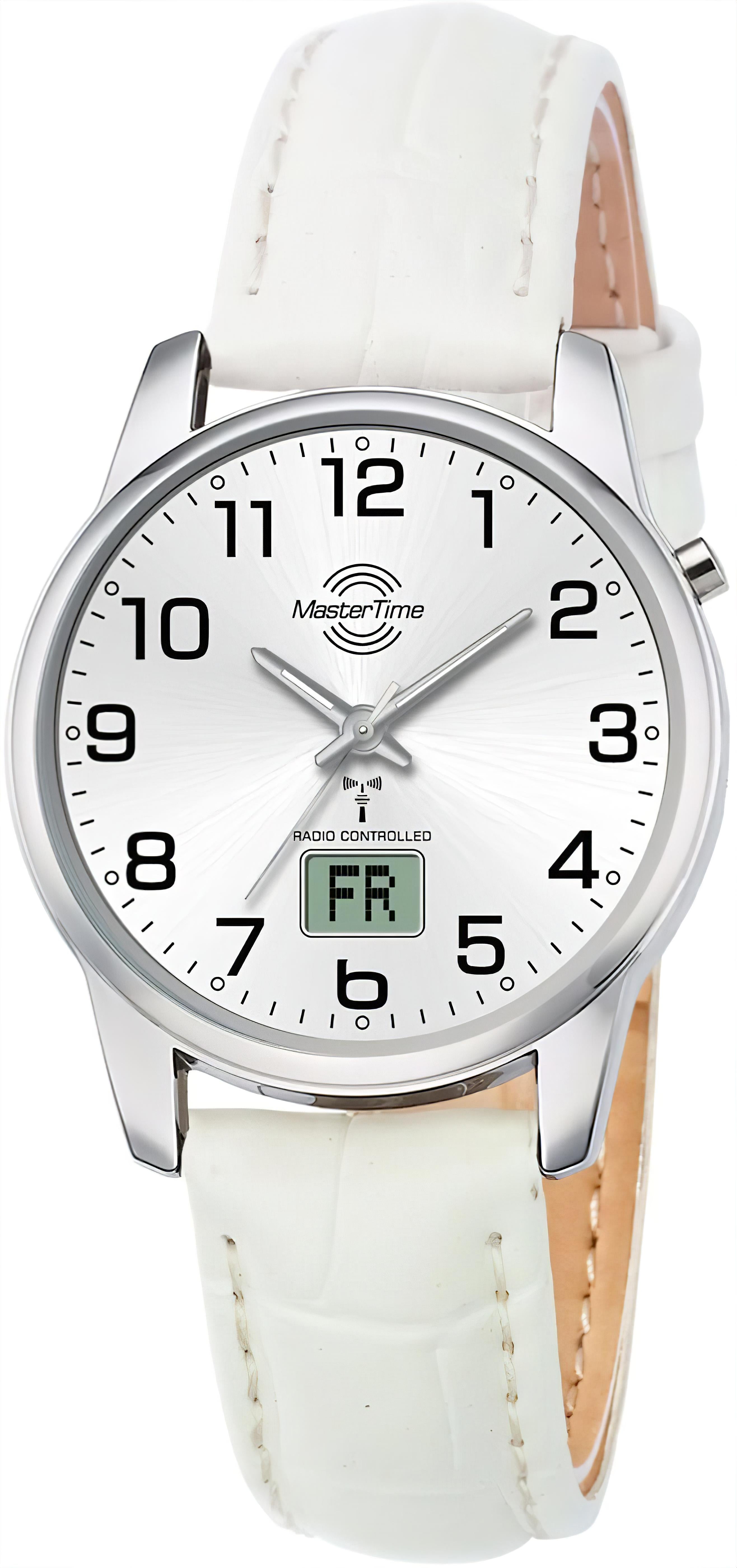 MasterTime Damenuhr mit weißem Lederarmband, analogem Zifferblatt und Datumsanzeige FR