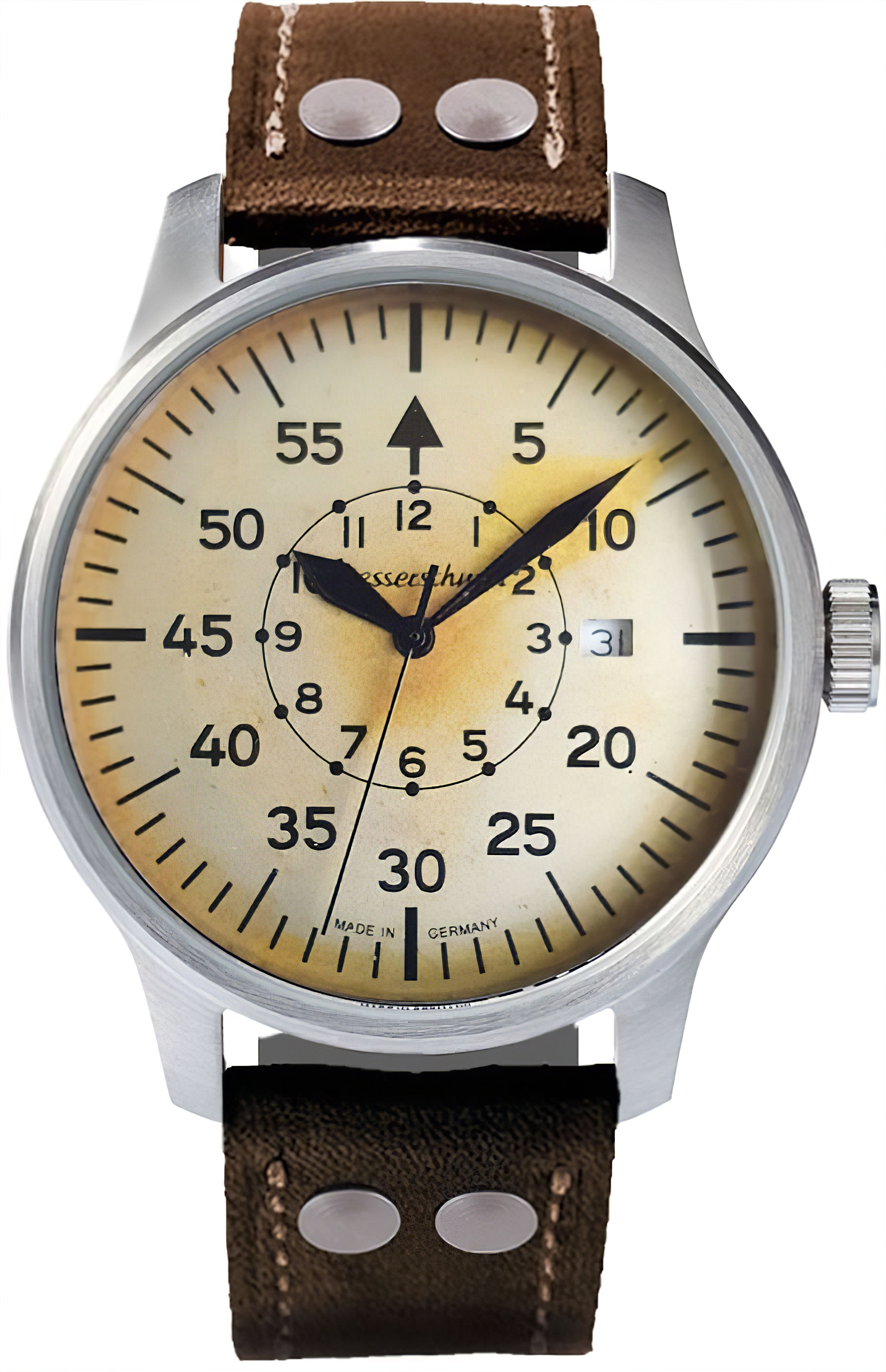 Messerschmitt Flieger ME-42 Herrenuhr mit braunem Lederband, beigem Zifferblatt