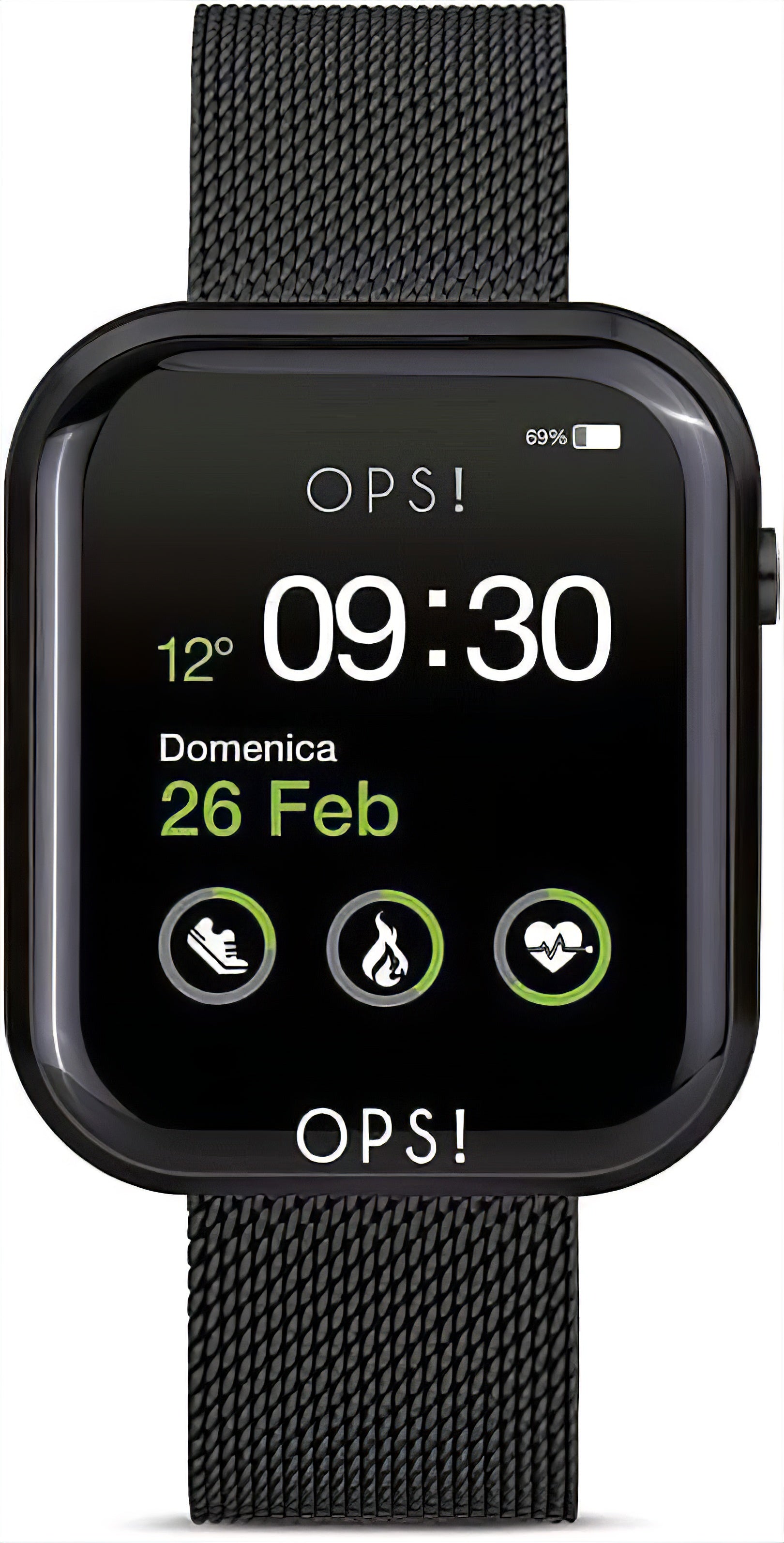 Unisex-Smartwatch mit schwarzem Display und schwarzem Metallgeflecht-Armband