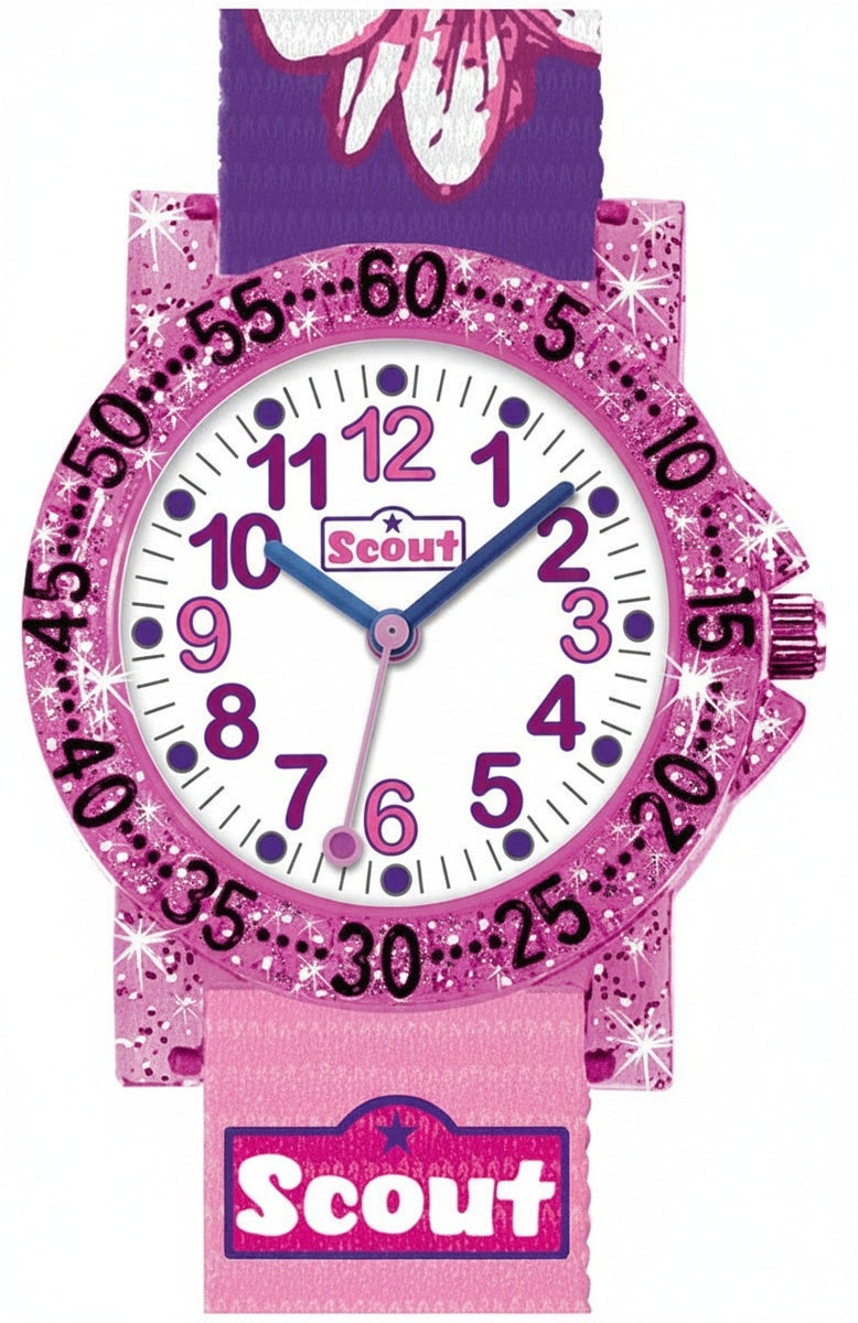 Mädchenarmbanduhr Scout mit pinkem Schmetterlings-Design, analogem Zifferblatt
