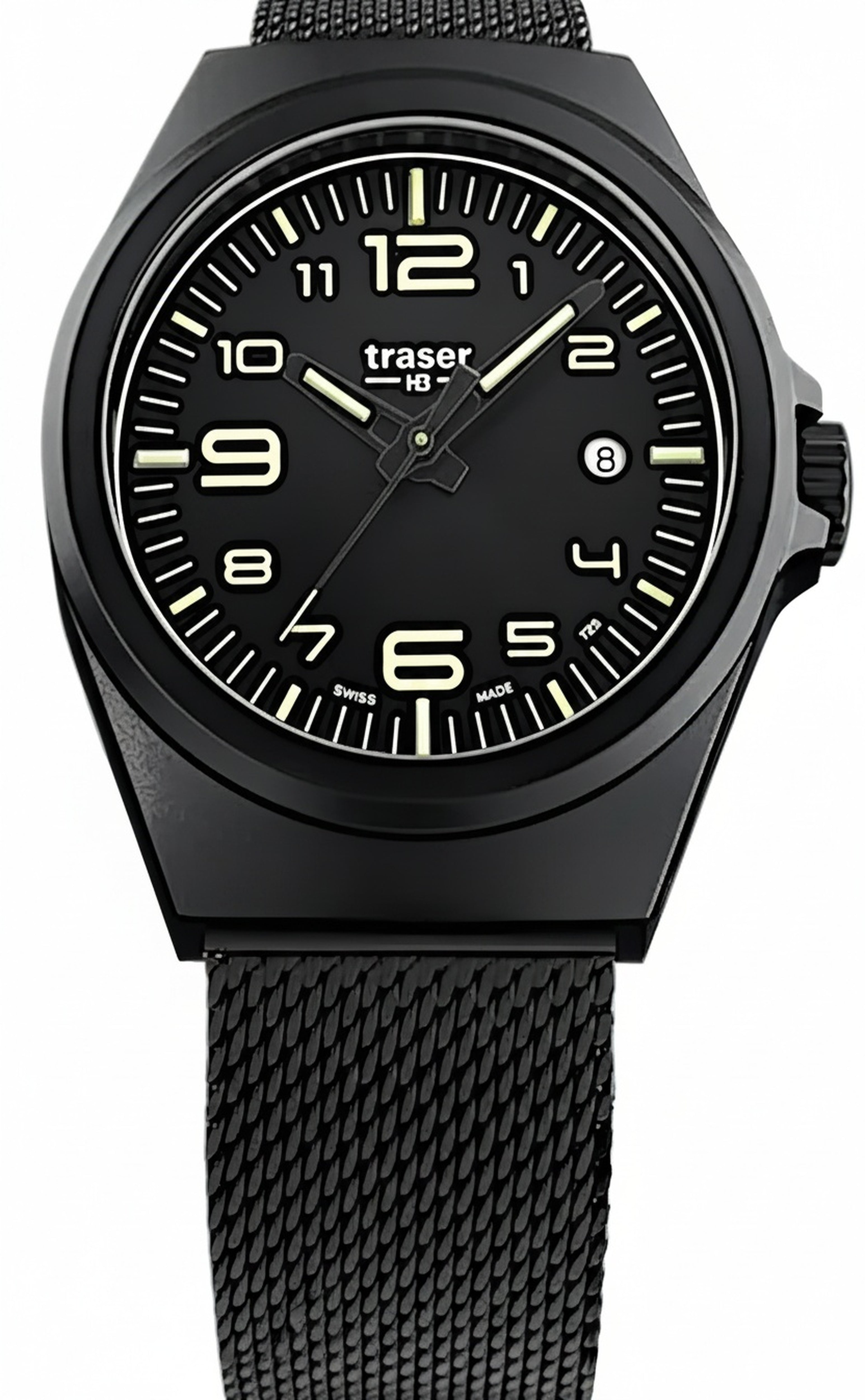 Traser Herrenarmbanduhr mit schwarzem Zifferblatt, Leuchtindizes und Metall-Mesharmband