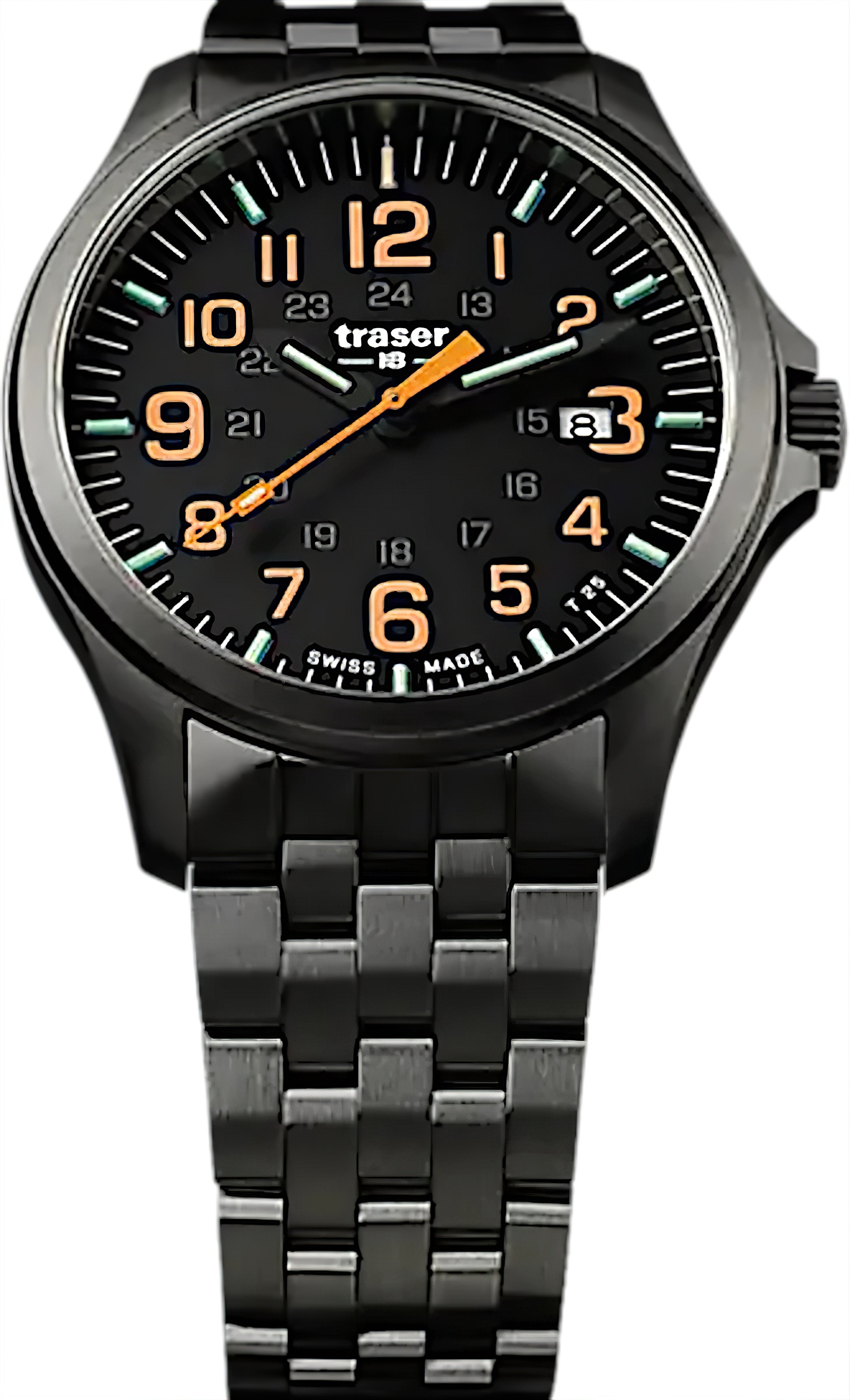 Traser P67 Officer Pro Herrenuhr mit schwarzem Zifferblatt, grünen Leuchtpunkten, Datumsfenster