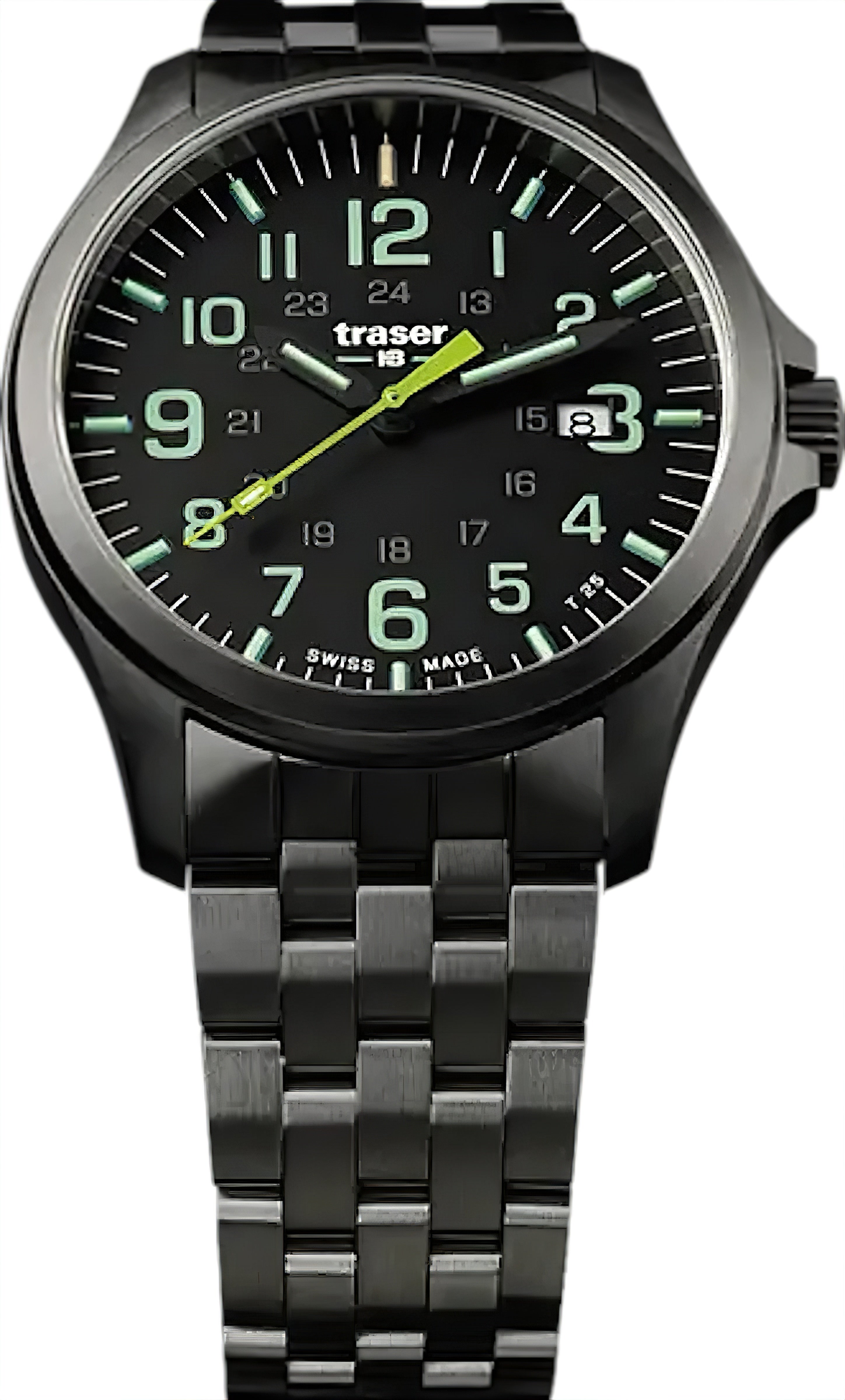 Traser P67 Herrenarmbanduhr mit schwarzem Metallband, rundem Gehäuse und grün leuchtenden Indizes