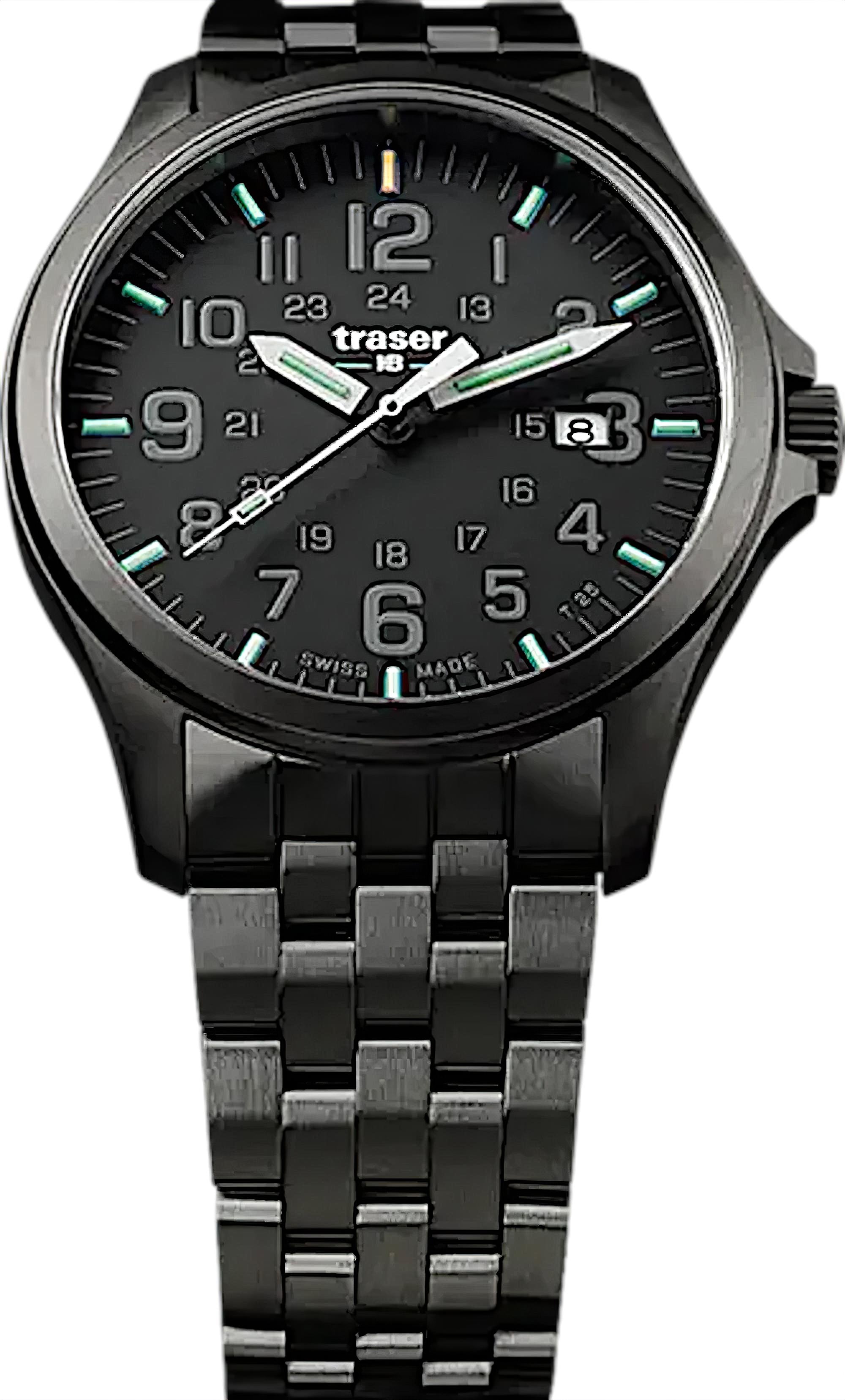 Traser P67 Officer Pro 107868 Uhr mit schwarzem Zifferblatt und Trigalight, Edelstahlarmband