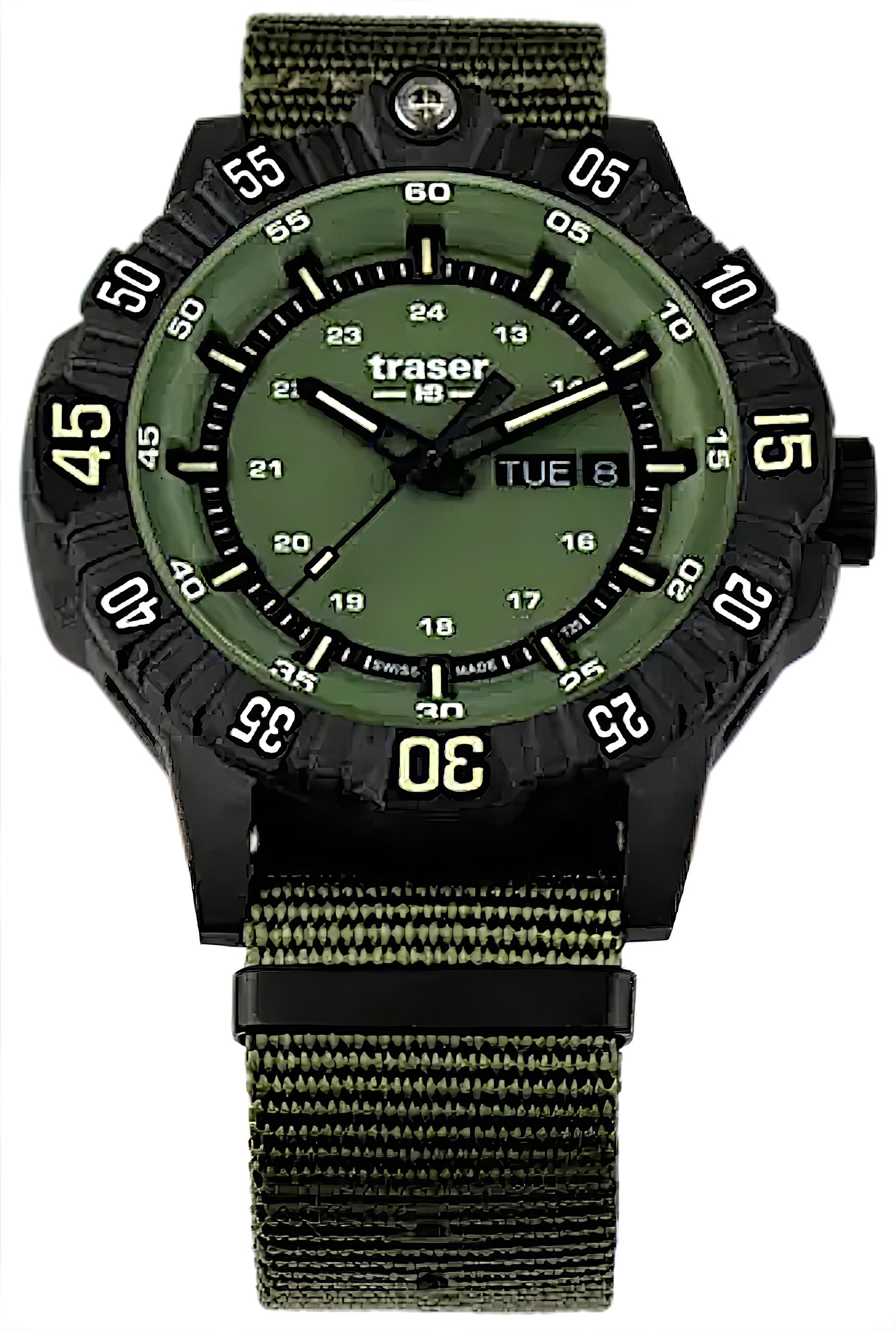Traser P99 Q Tactical Uhr mit Trigalight, schwarzem Gehäuse, olivgrünem Textilband