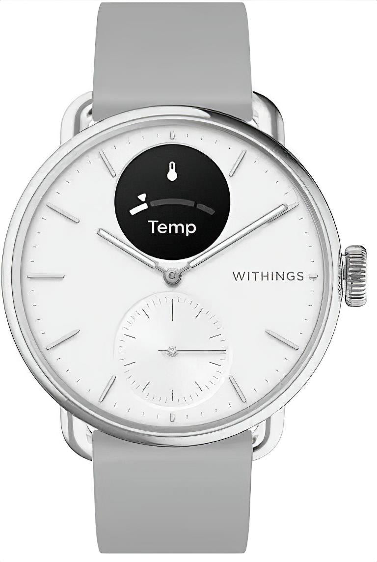 Withings ScanWatch 2 Hybrid-Smartwatch mit grauem Lederband, silbernem Gehäuse, Temp-Anzeige