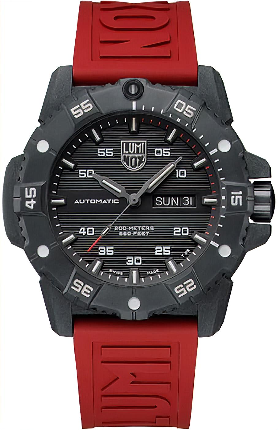 Luminox Automatik-Uhr mit schwarzem Zifferblatt und rotem Kautschukarmband