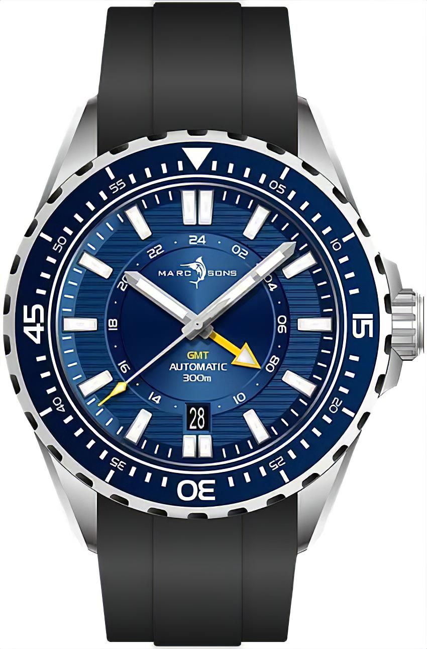 Herrenuhr mit blauem Zifferblatt, GMT-Anzeige, Datumsfenster und schwarzem Silikonband