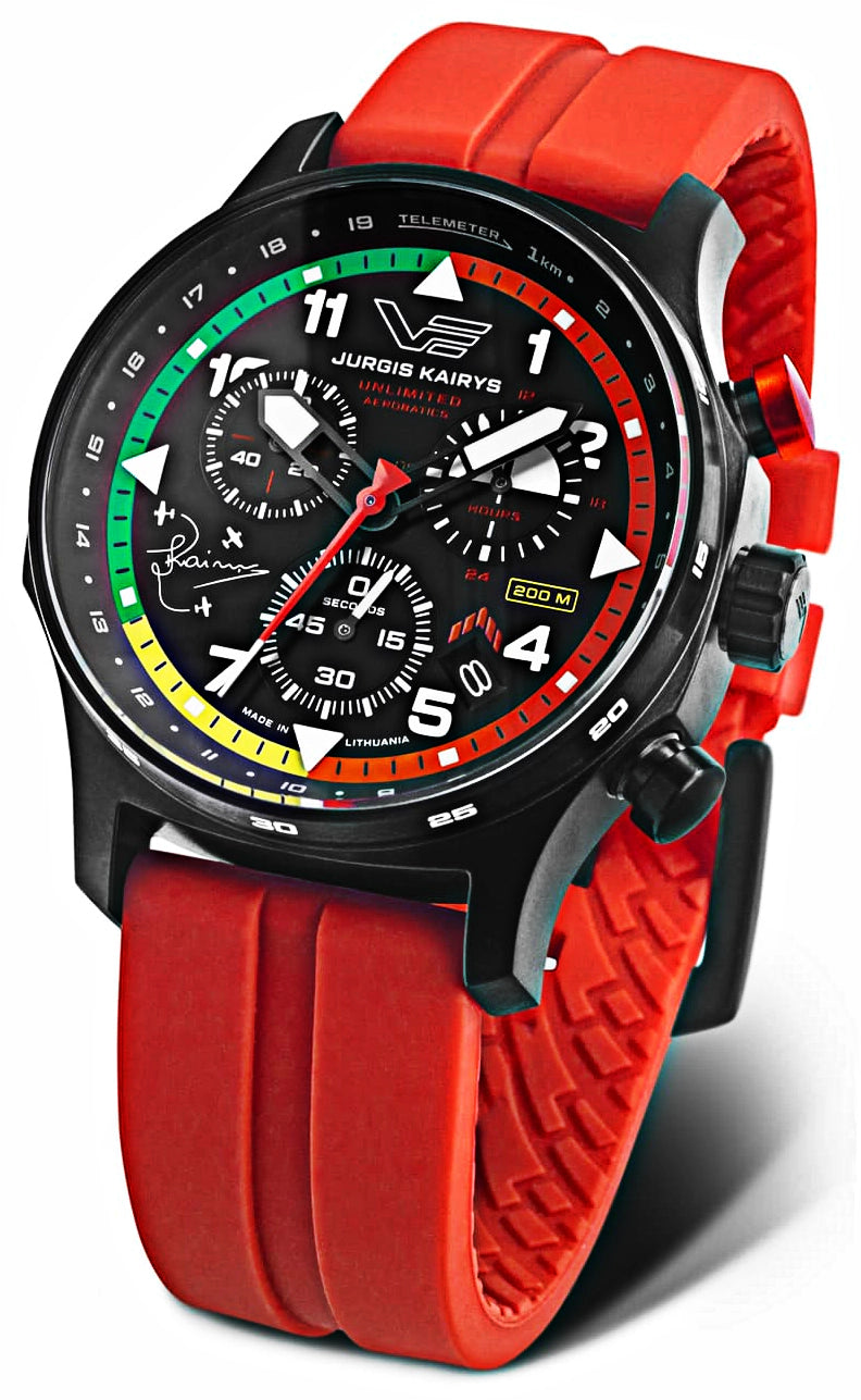 Herrenuhr schwarz mit rotem Silikonarmband – Vostok Europe Modell: VK68-592C775