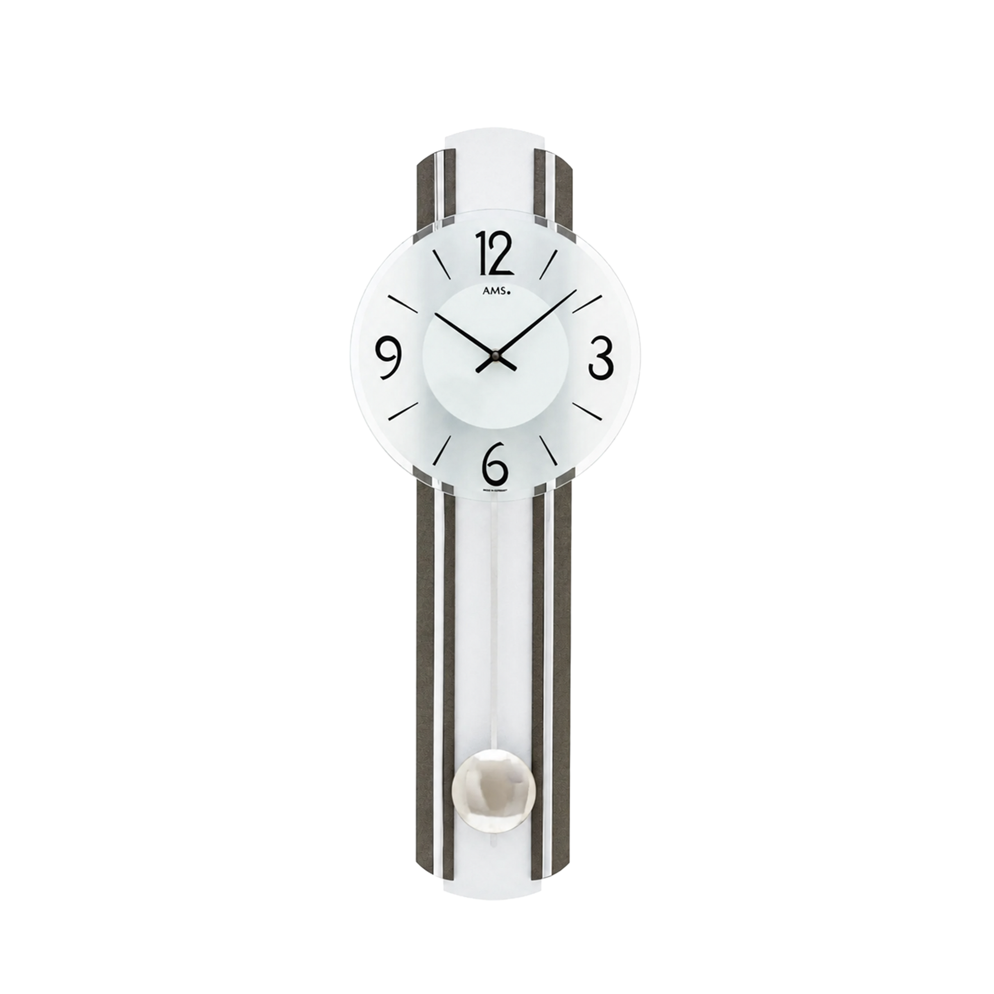 Wanduhr mit weißem Ziffernblatt, schwarzen Zeigern und silbernem, anthrazit gestreiftem Gehäuse