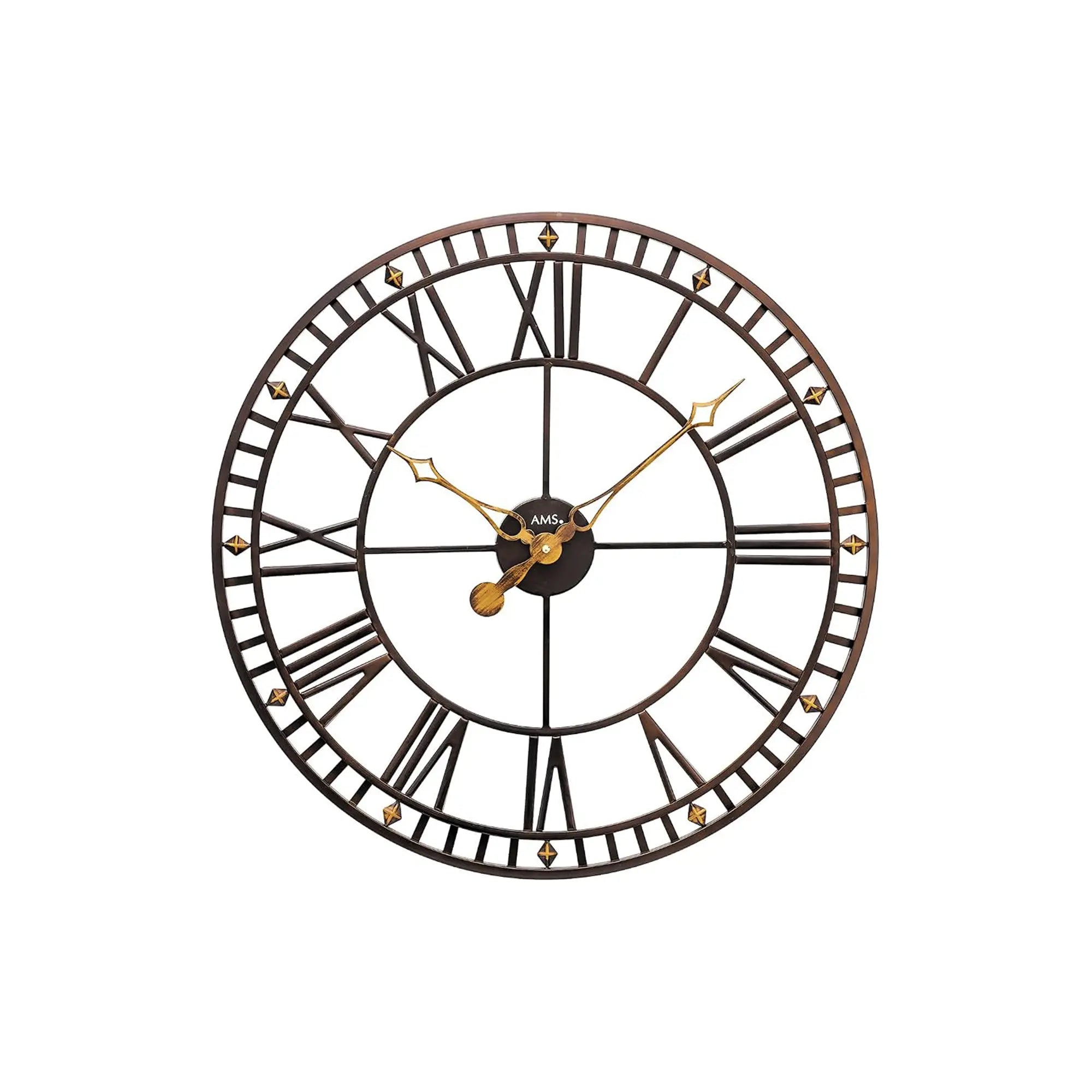 Wanduhr mit Metallgehäuse, kupferfarbenen Zeigern und rundem Ziffernring