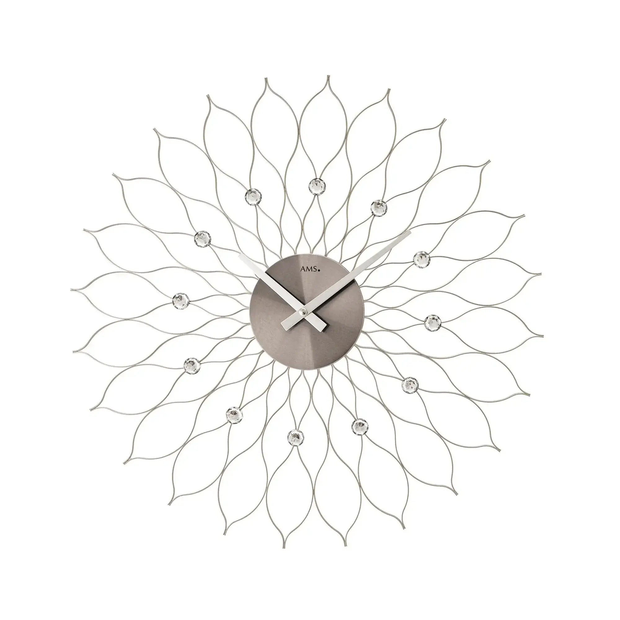 AMS Wanduhr mit Metallgehäuse und Quarzwerk, silberne Blüten-Design Zeiger