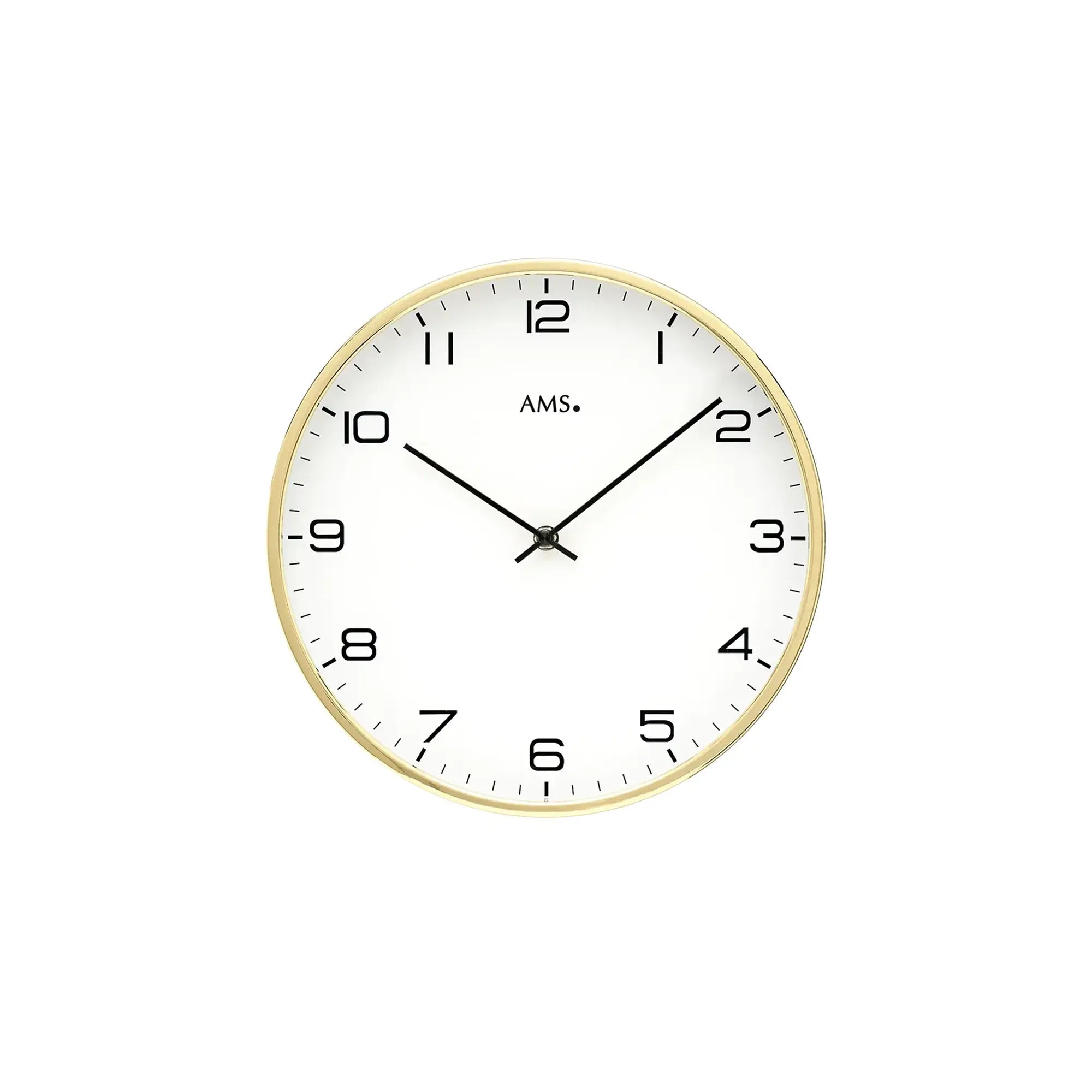 Quarz-Wanduhr: rundes goldfarbenes Gehäuse, weißes Zifferblatt mit schwarzen Zahlen