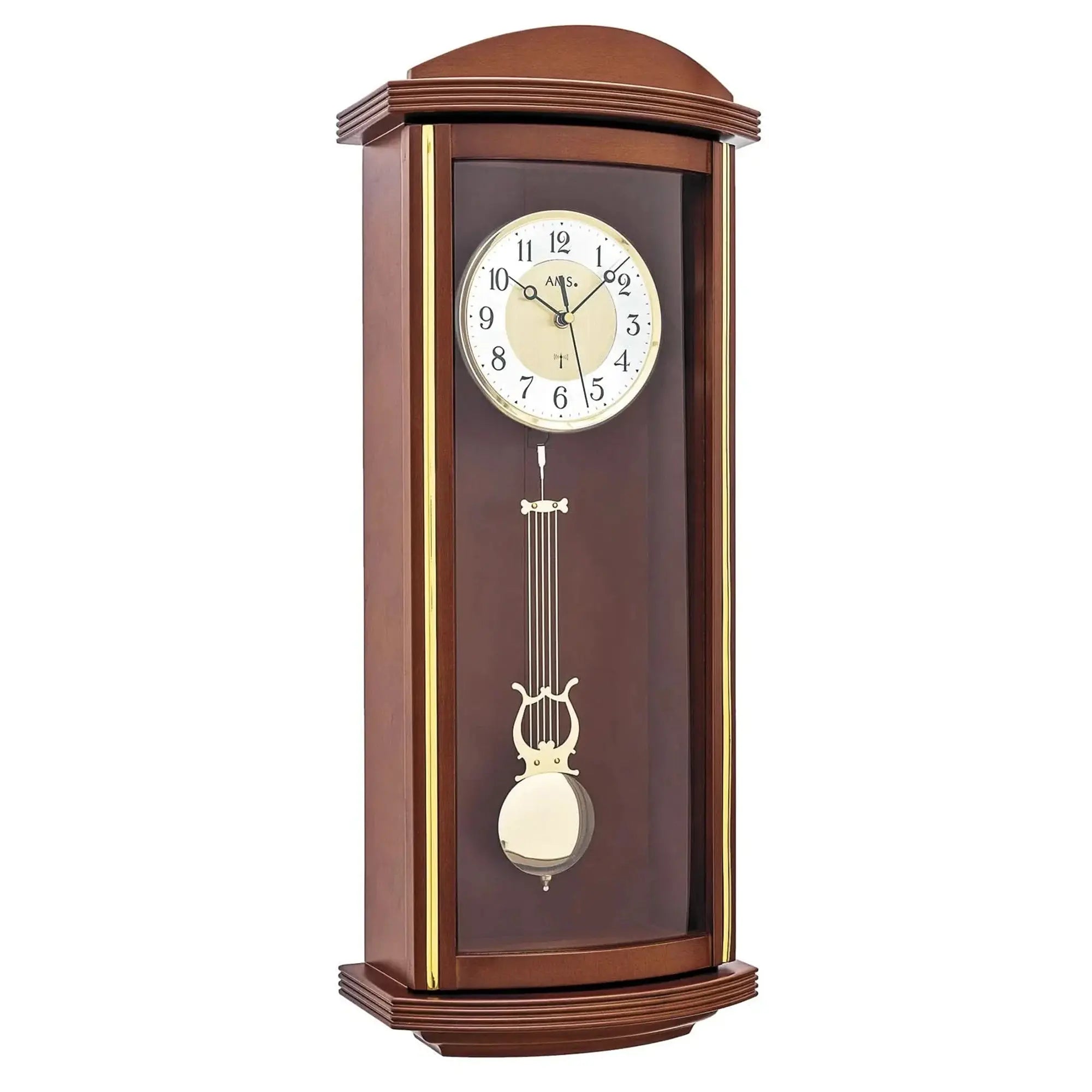 Pendelwanduhr mit Westminster-Schlagwerk, rundes Ziffernblatt im Nussbaumgehäuse