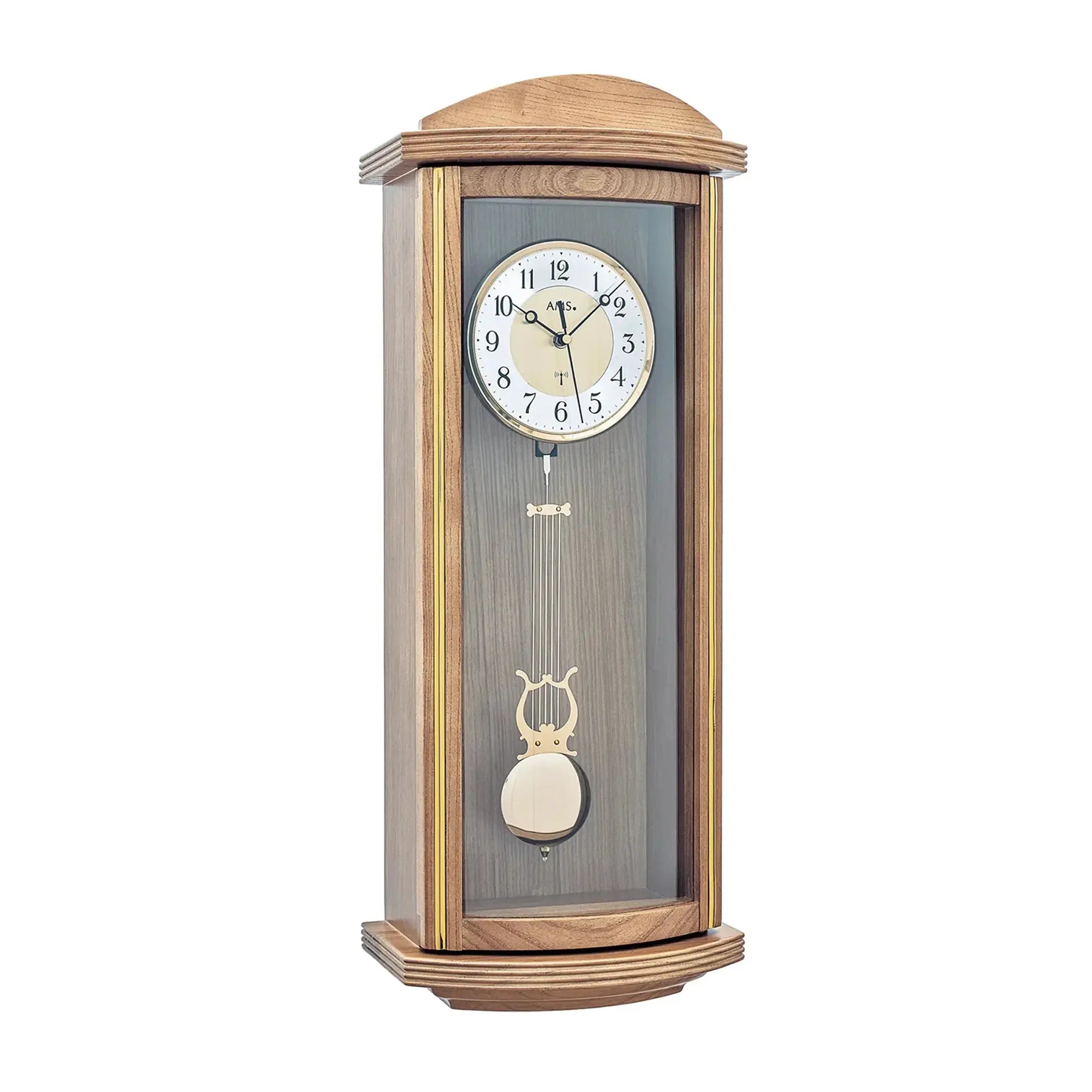 Wanduhr mit eichelfarbenem Holzgehäuse, blau-grauem Zifferblatt und Pendelmotiv