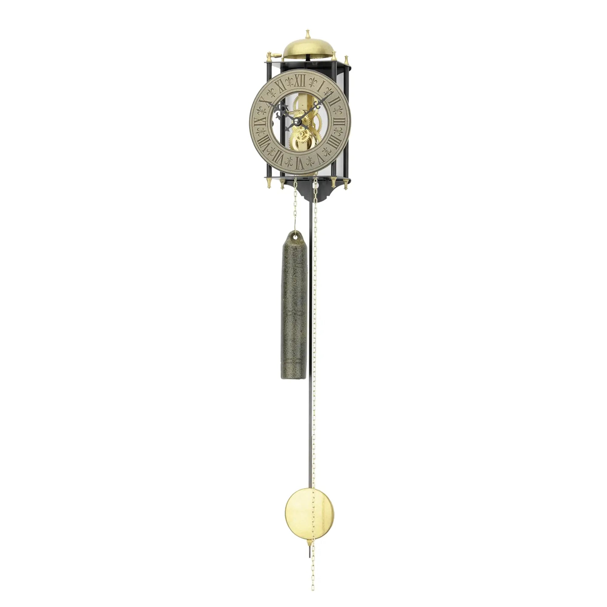 Wanduhr mit rundem Zifferblatt, goldener Kuppel und Pendelstab