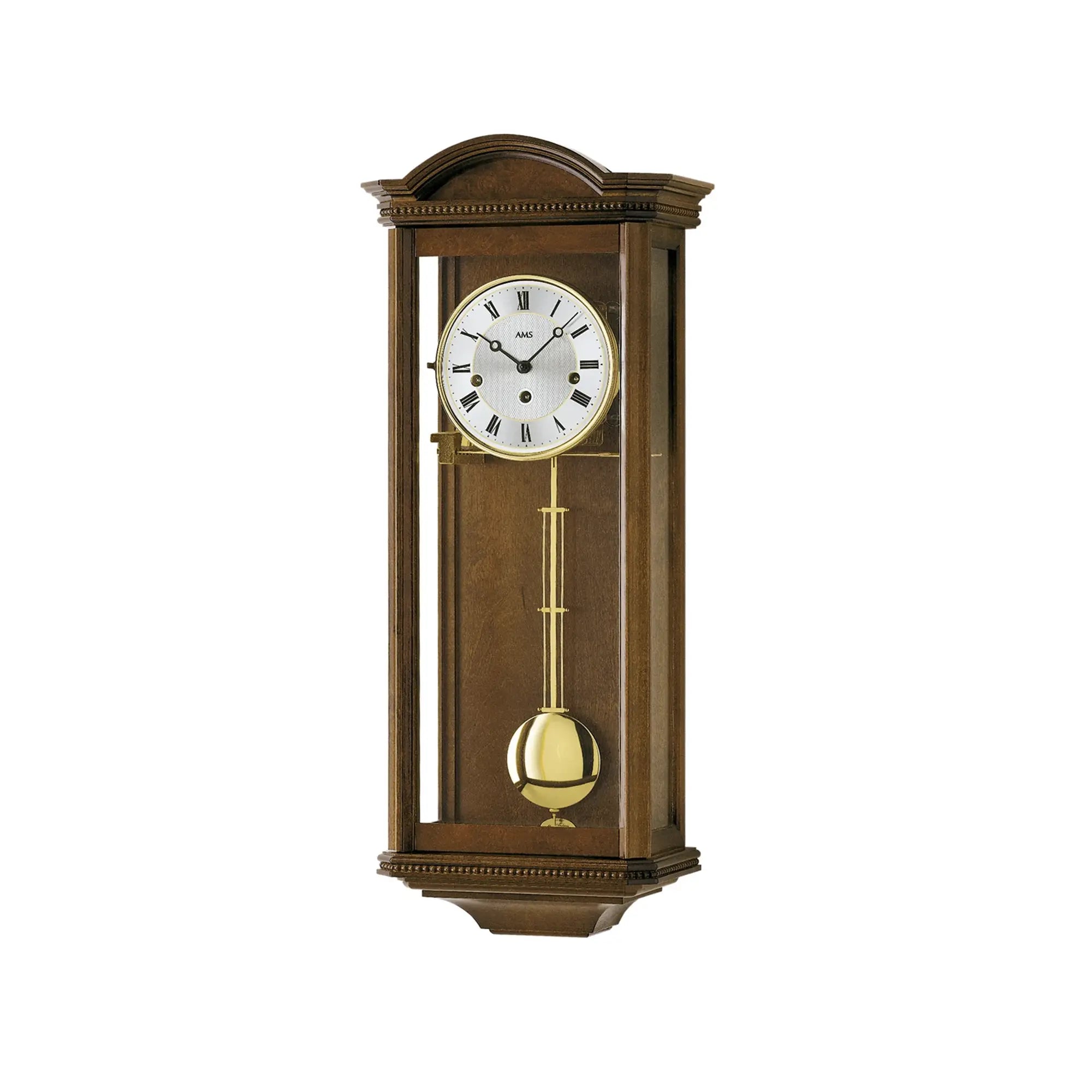 Regulator-Wanduhr mit Nussbaum-Holzgehäuse, rundem Zifferblatt und Pendelgewichten