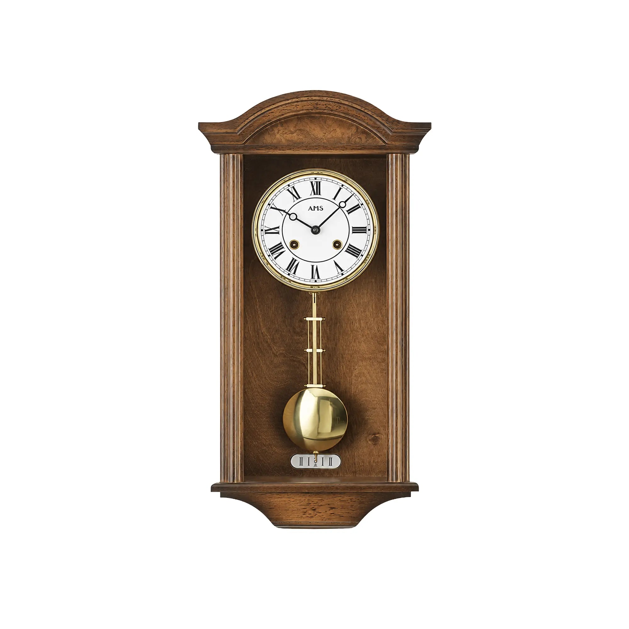 Wanduhr in Nussbaumoptik mit rundem Zifferblatt, Pendel und Holzgehäuse