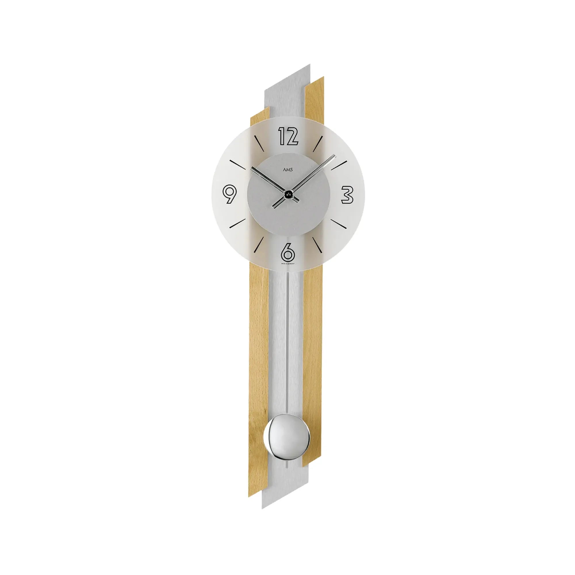 Pendel-Wanduhr mit weißem Ziffernblatt und rundem Pendel im Buchenholz-Design