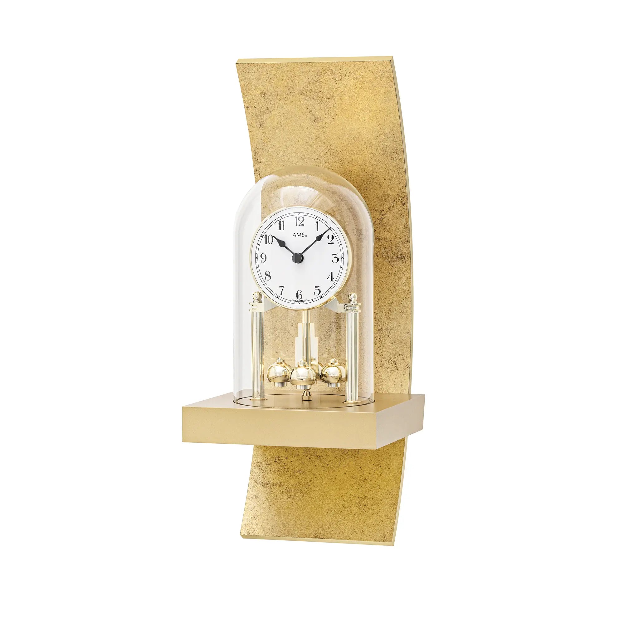 Standuhr mit goldantikem Gehäuse, rundem Zifferblatt, Glasfront und Pendelwerk