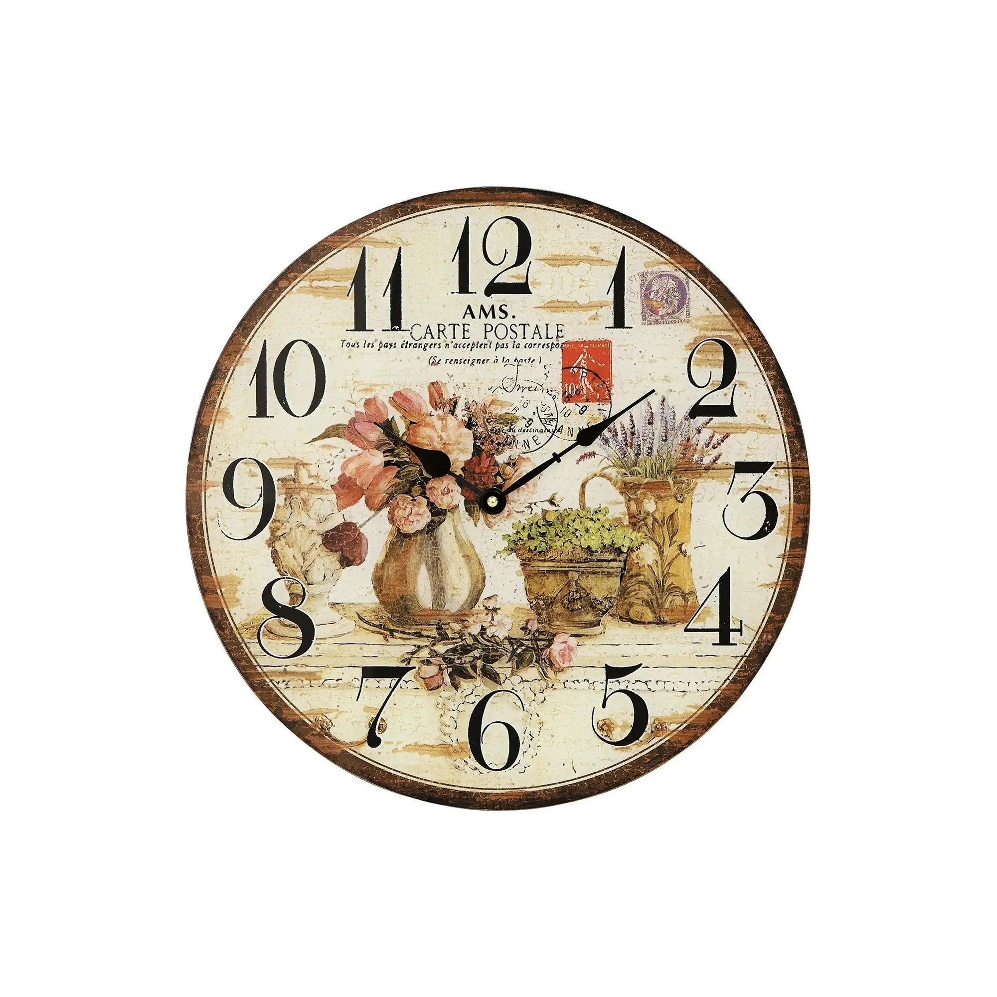 Wanduhr aus bedrucktem Mineralglas im Vintage-Design mit Blumenmotiv und Ziffern