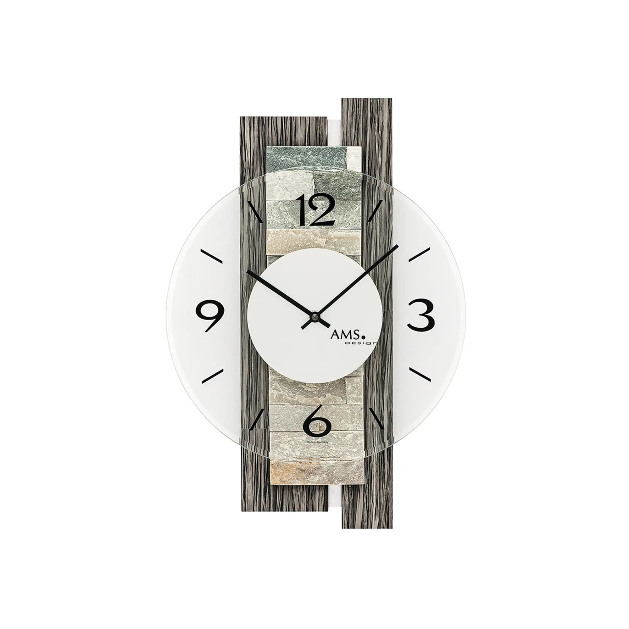 Wanduhr mit Holzdekor und Naturstein-Optik, römischen Ziffern und facettiertem Mineralglas