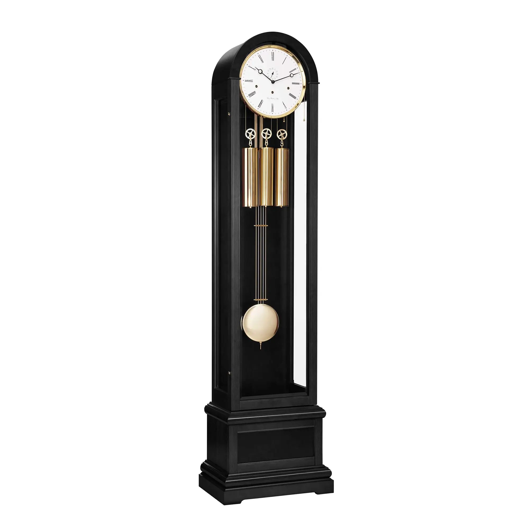 Hermle Standuhr mit schwarzem Gehäuse, weißem Zifferblatt und goldenen Pendelstäben