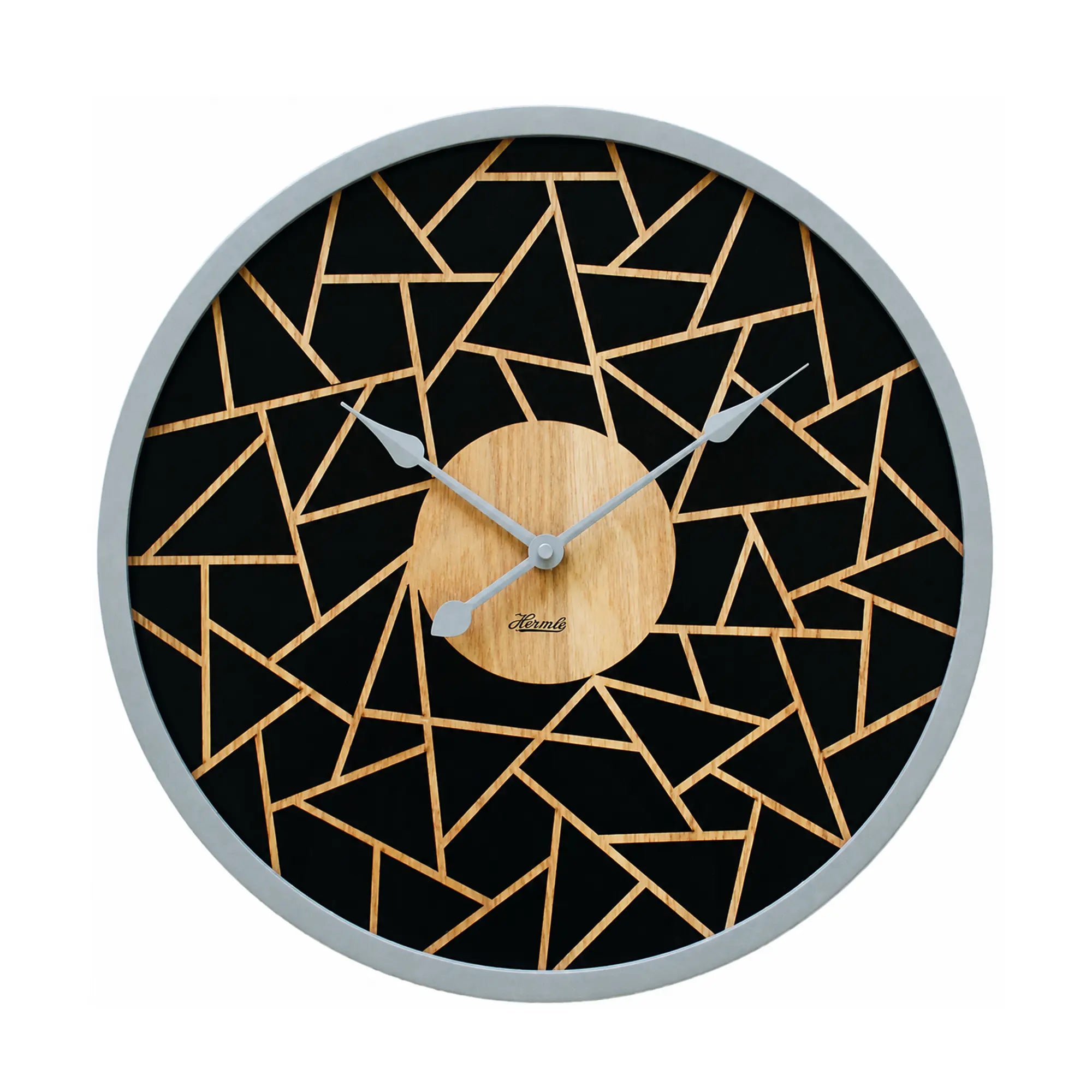 Runde Wanduhr mit Holz-Zifferblatt, schwarzem Muster und goldenen Linien, Zeiger