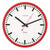 Wanduhr mit rotem Rand, weißem Zifferblatt und schwarzen Zeigern
