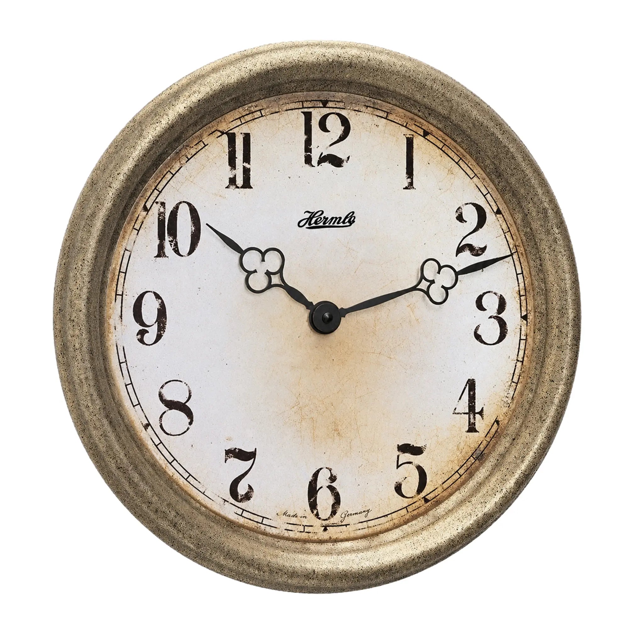 Wanduhr mit rundem Messingrahmen, weißem Zifferblatt und schwarzen Zeigern, Hermle