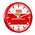 Runde Wanduhr mit rotem Rahmen, weißem Ziffernblatt, VfB-Emblem und silbernen Zeigern
