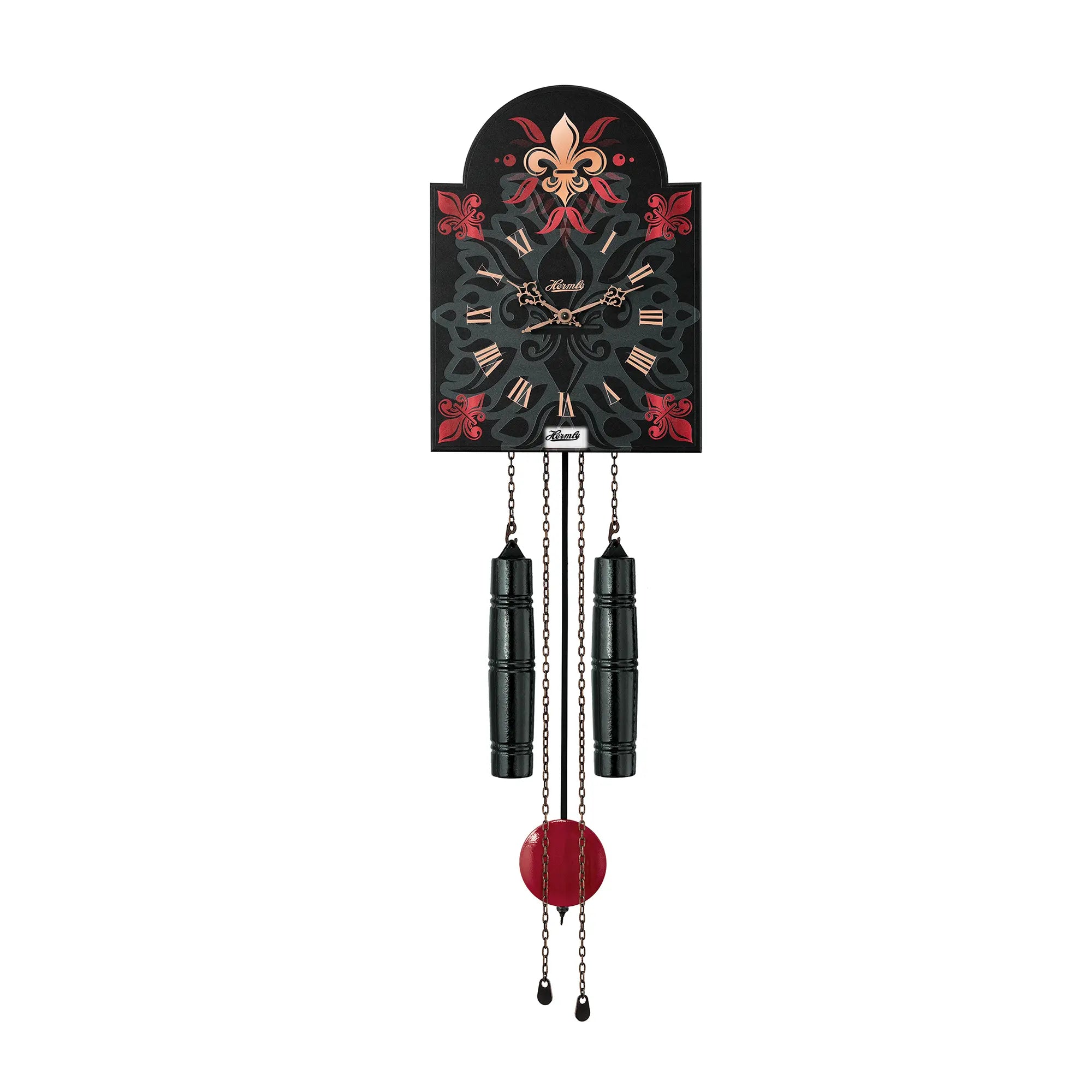 Wanduhr mit schwarzem Ziffernblatt und roten Verzierungen, zwei schwarze Zylinderpendel und Ketten