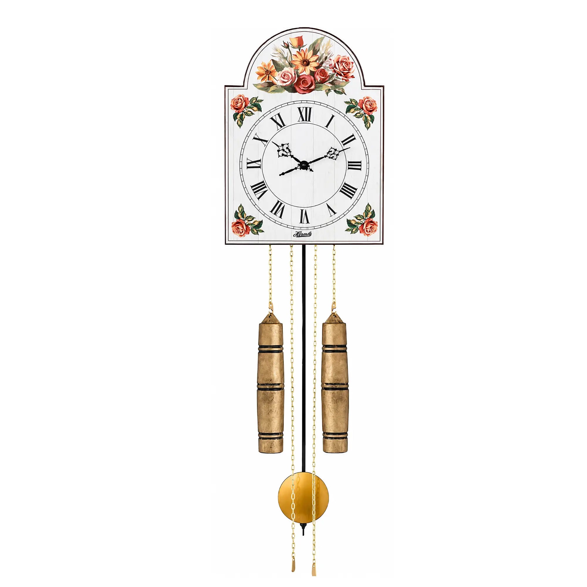 Wanduhr mit Blumen-Dekor, römischem Ziffernblatt und goldenen Pendelgewichten