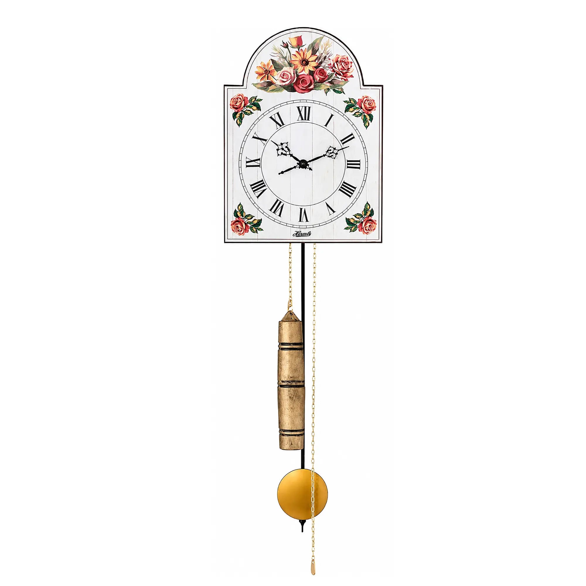 Wanduhr mit Blumen-Zifferblatt, Holzgehäuse und goldenem Pendelgewicht