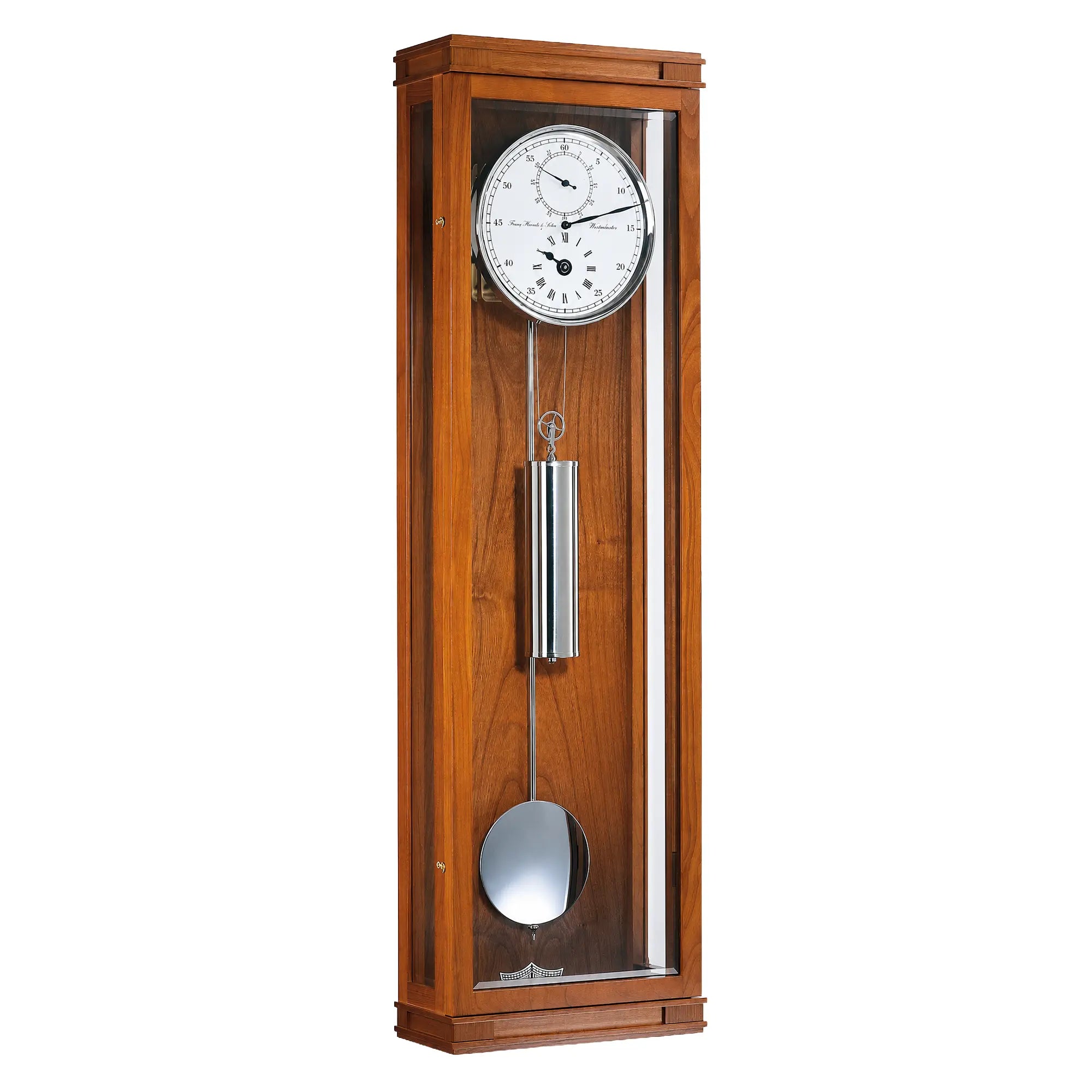 Wanduhr Kirschholz mit Glasfront, rundem Zifferblatt und Pendelgewicht
