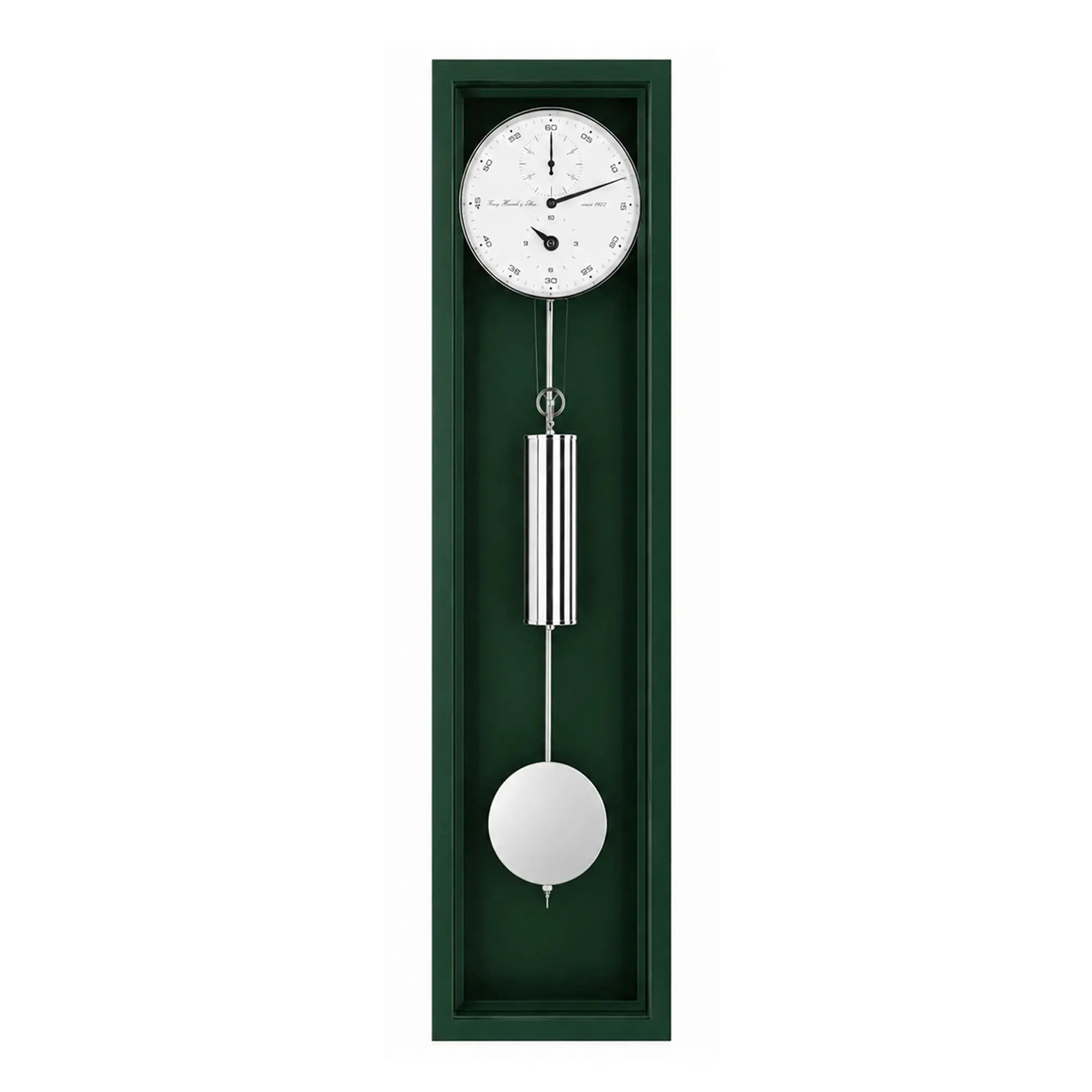 Grüne Wanduhr mit rundem Zifferblatt, silbernem Pendel und weißem Kugelpendel