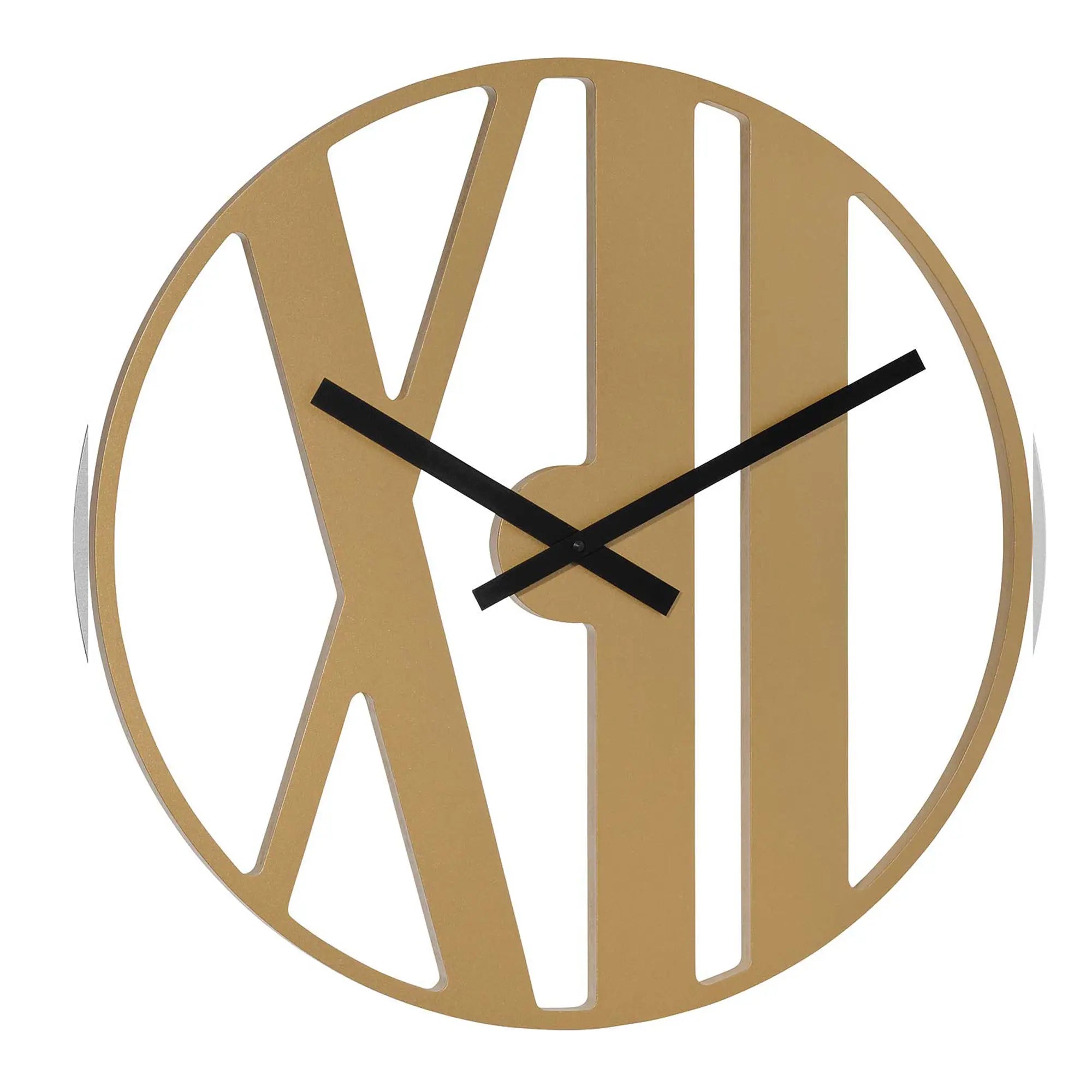 Runde Wanduhr aus Holz, goldfarbener Ziffernring mit geschlitzten Strichmarkierungen, schwarze Zeiger