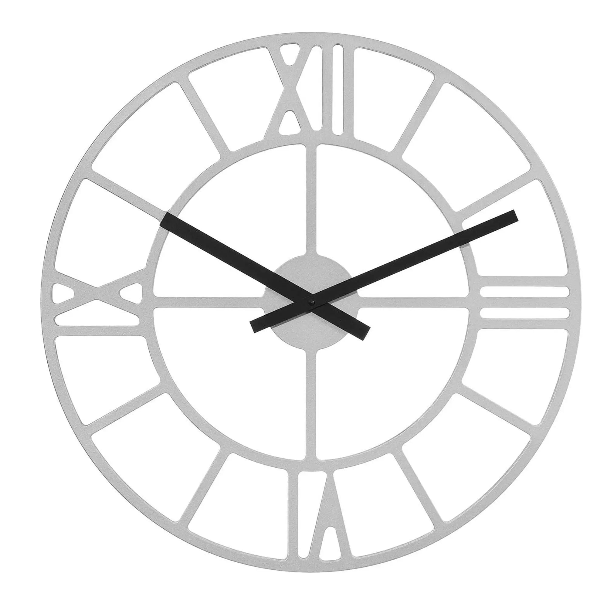 Wanduhr mit offenem Metallrahmen, römischen Ziffern und schwarzen Zeigern