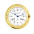 Runde Wanduhr mit Messingrahmen, weißem Zifferblatt und blauen Zeigern, römische Ziffern.