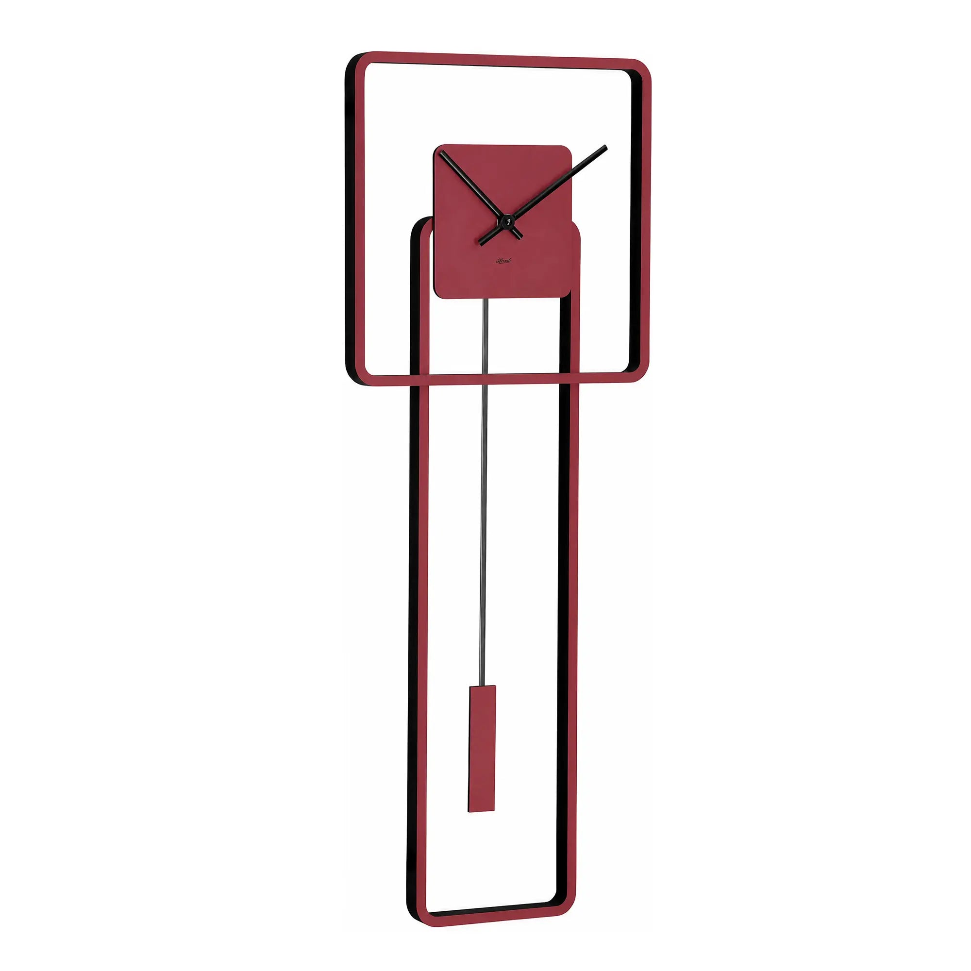 Rote Wanduhr mit schwarzem Zifferblatt und schwarzen Zeigern