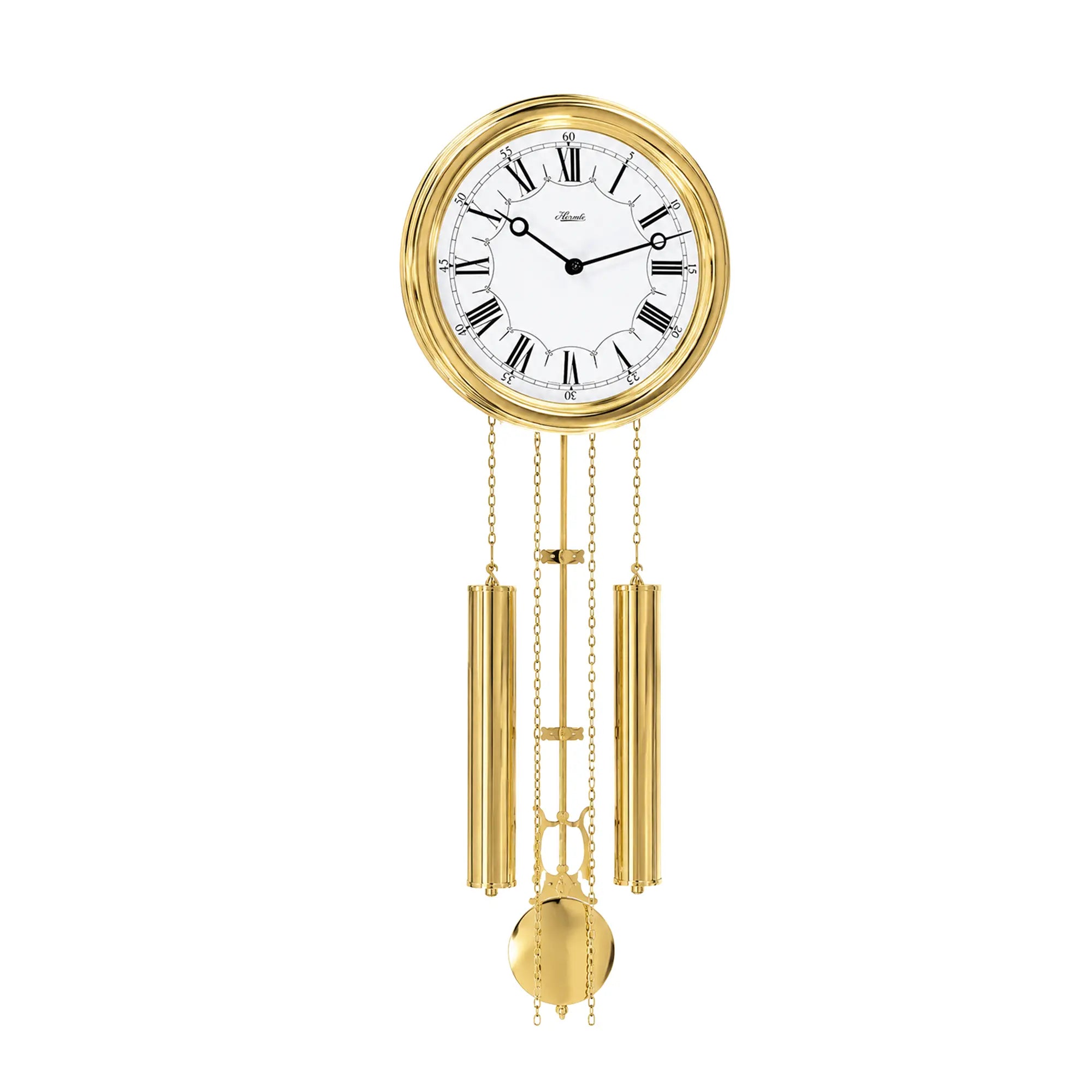 Messing-Wanduhr mit rundem Zifferblatt und goldenen Kettenpendeln, römischen Zahlen