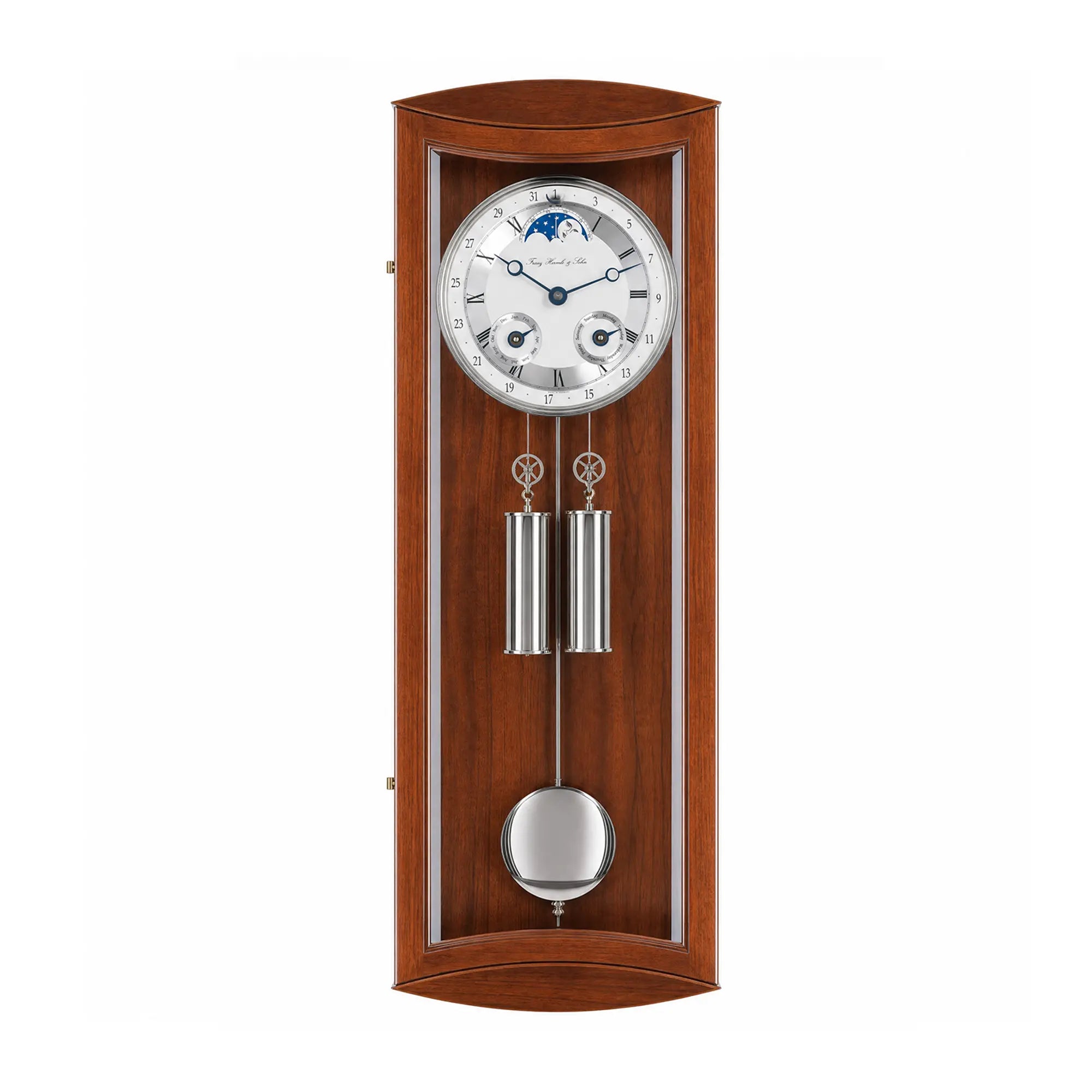 Holzwanduhr mit rundem Zifferblatt und Pendel im Glasrahmen, braunes Gehäuse