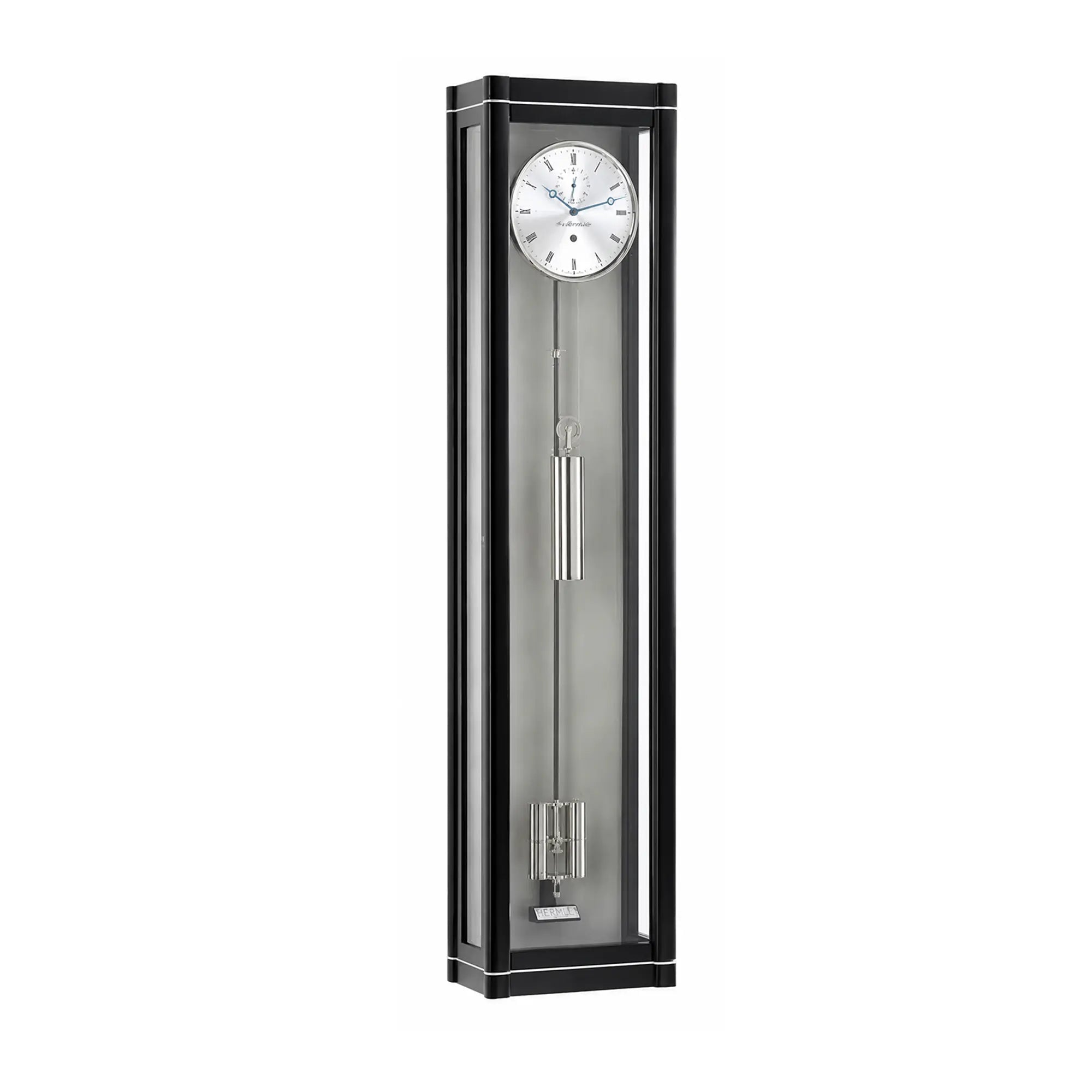 Wanduhr mit schwarzem Rahmen, rundem Ziffernblatt und sichtbarem Pendel