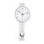 Wanduhr mit rundem Zifferblatt, silbernem Metallrahmen und vertikalen Pendelstäben