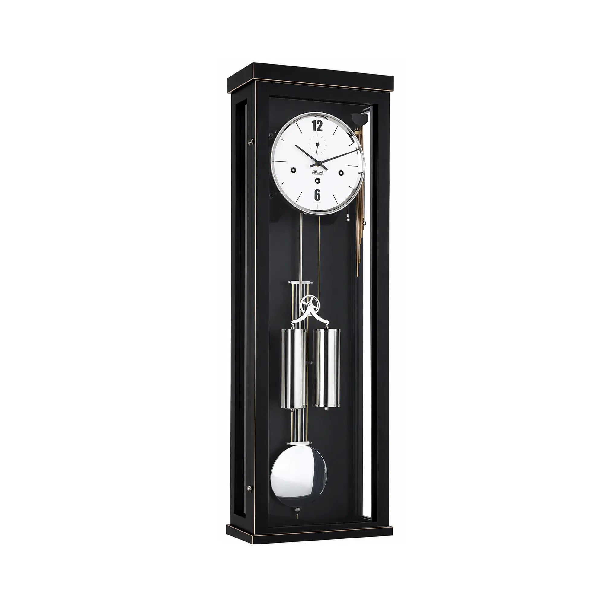 Wanduhr mit schwarzem Gehäuse, rundem Ziffernblatt und Pendel-Klangstäben