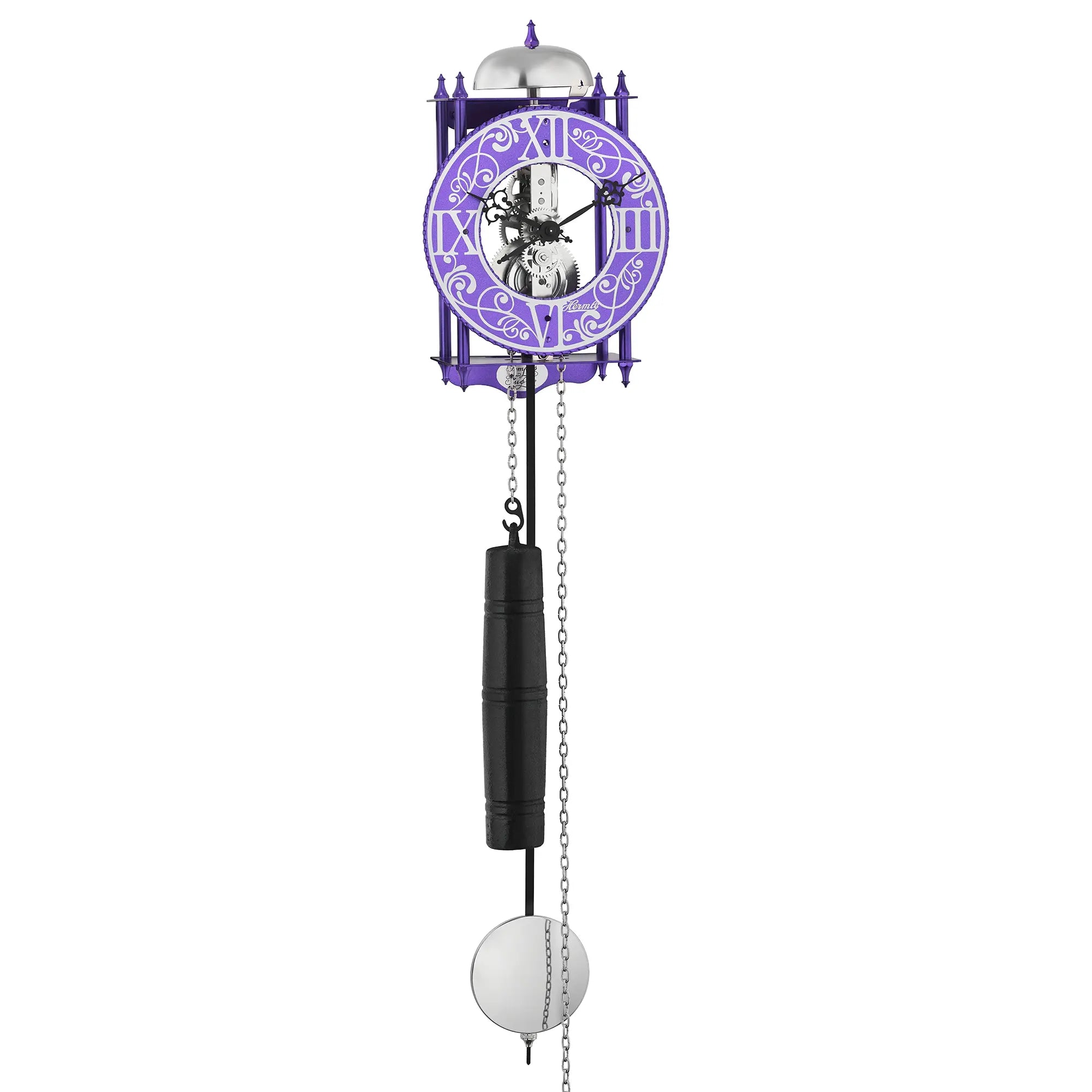 Wanduhr mit skelettartigem Mechanismus, violettem Zifferblatt und Kettenpendel