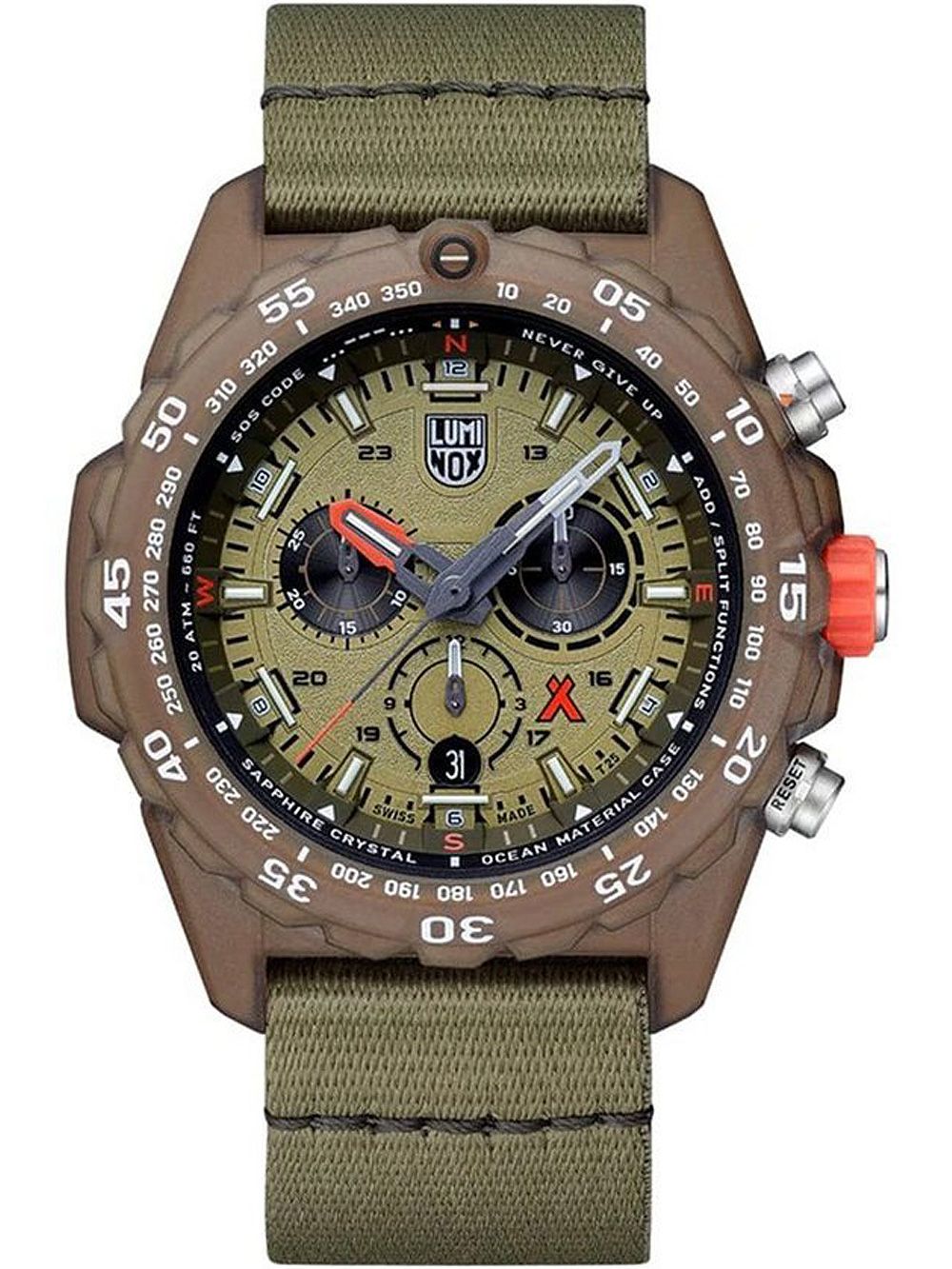 Luminox Bear Grylls Herren-Armbanduhr, grünes Stoffarmband, Chronograph-Details am Zifferblatt