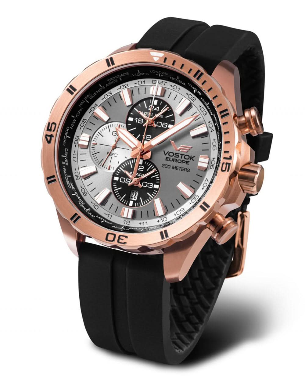 Herrenuhr Vostok Europe Almaz mit roségoldfarbener Lünette und schwarzem Silikonband