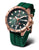 Herrenuhr: grünes Silikonarmband, roségoldfarbenes Gehäuse, schwarzes Zifferblatt.