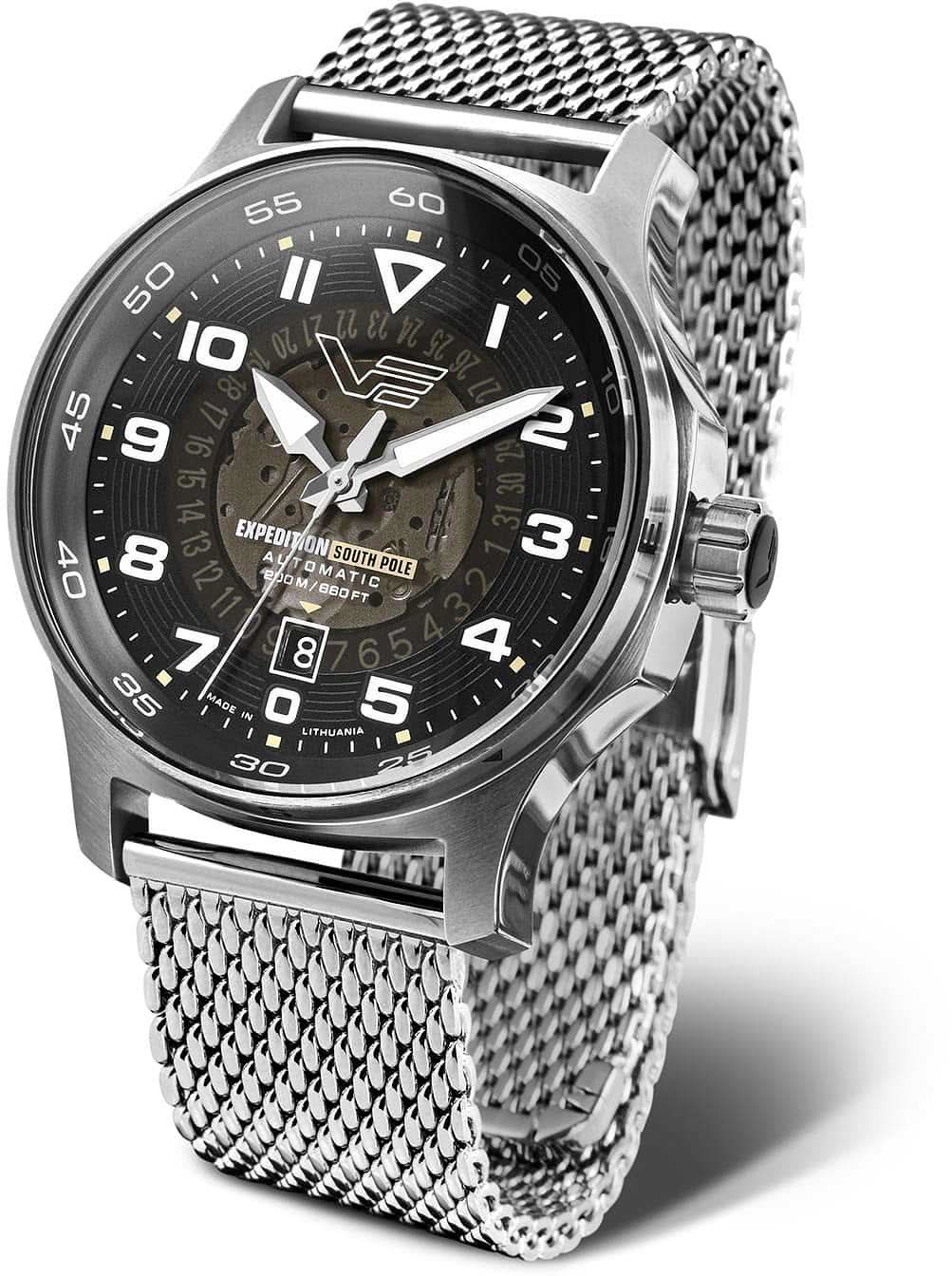 Silberne Herrenarmbanduhr mit Edelstahl-Meshband und schwarzem Zifferblatt